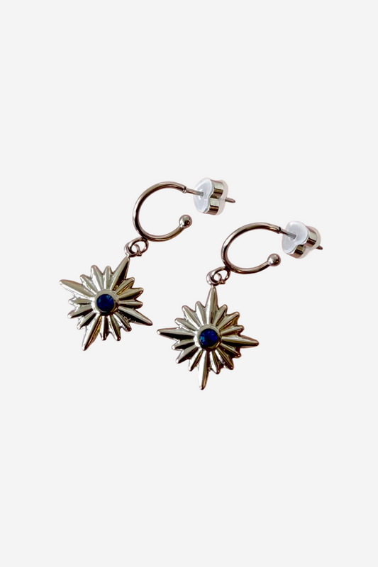 PENNY FOGGO SILVER STAR AND BLUE GLASS HALF HOOPS - THE VOGUE STORE