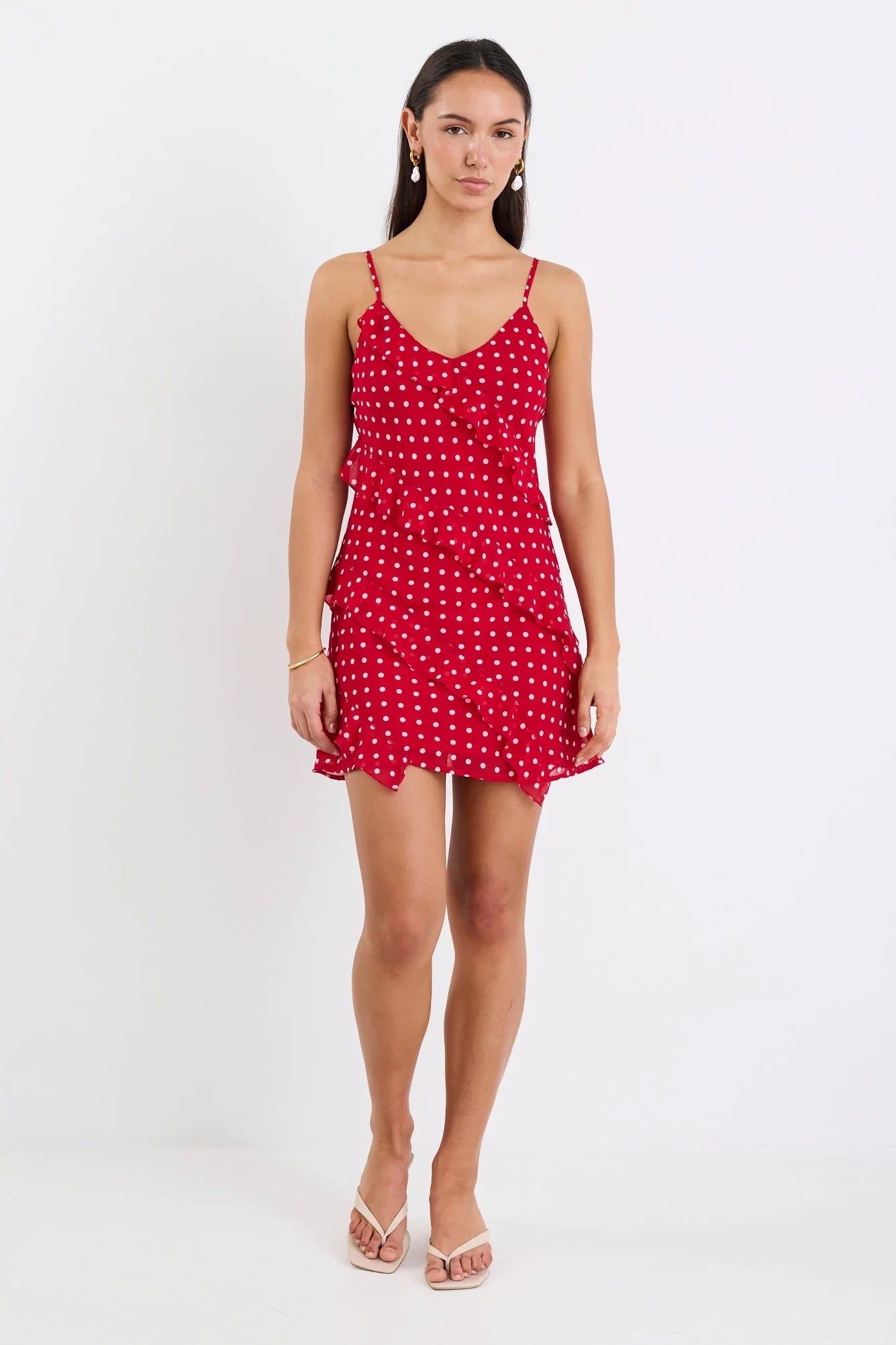 GEORGIA ZOE PASSION CHERRY DITSY POLKA DOT BIAS RUFFLE MINI SLIP DRESS - THE VOGUE STORE