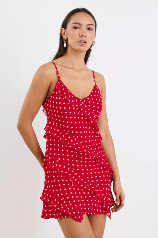 GEORGIA ZOE PASSION CHERRY DITSY POLKA DOT BIAS RUFFLE MINI SLIP DRESS - THE VOGUE STORE