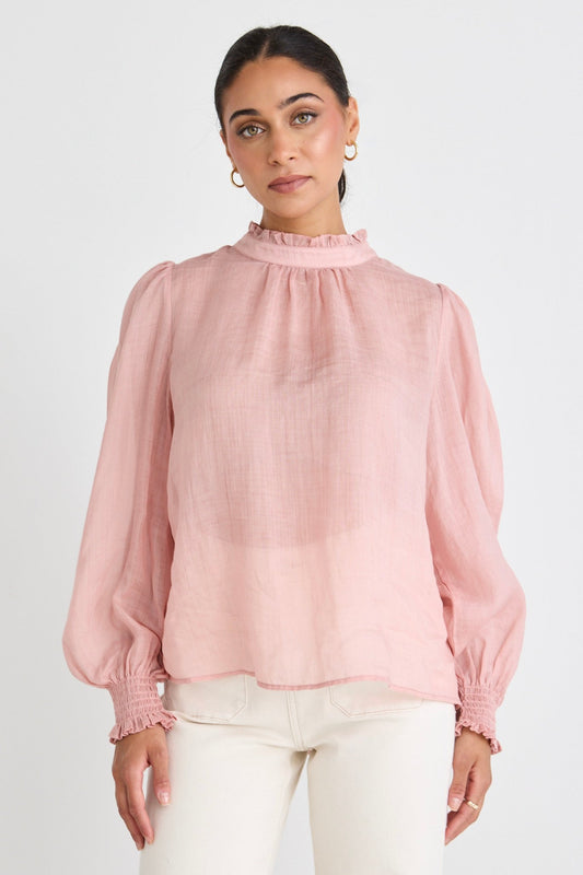 BY ROSA POET BLUSH SEMI SHEER HIGH NECK RELAXED TOP - BLUSH - THE VOGUE STORE