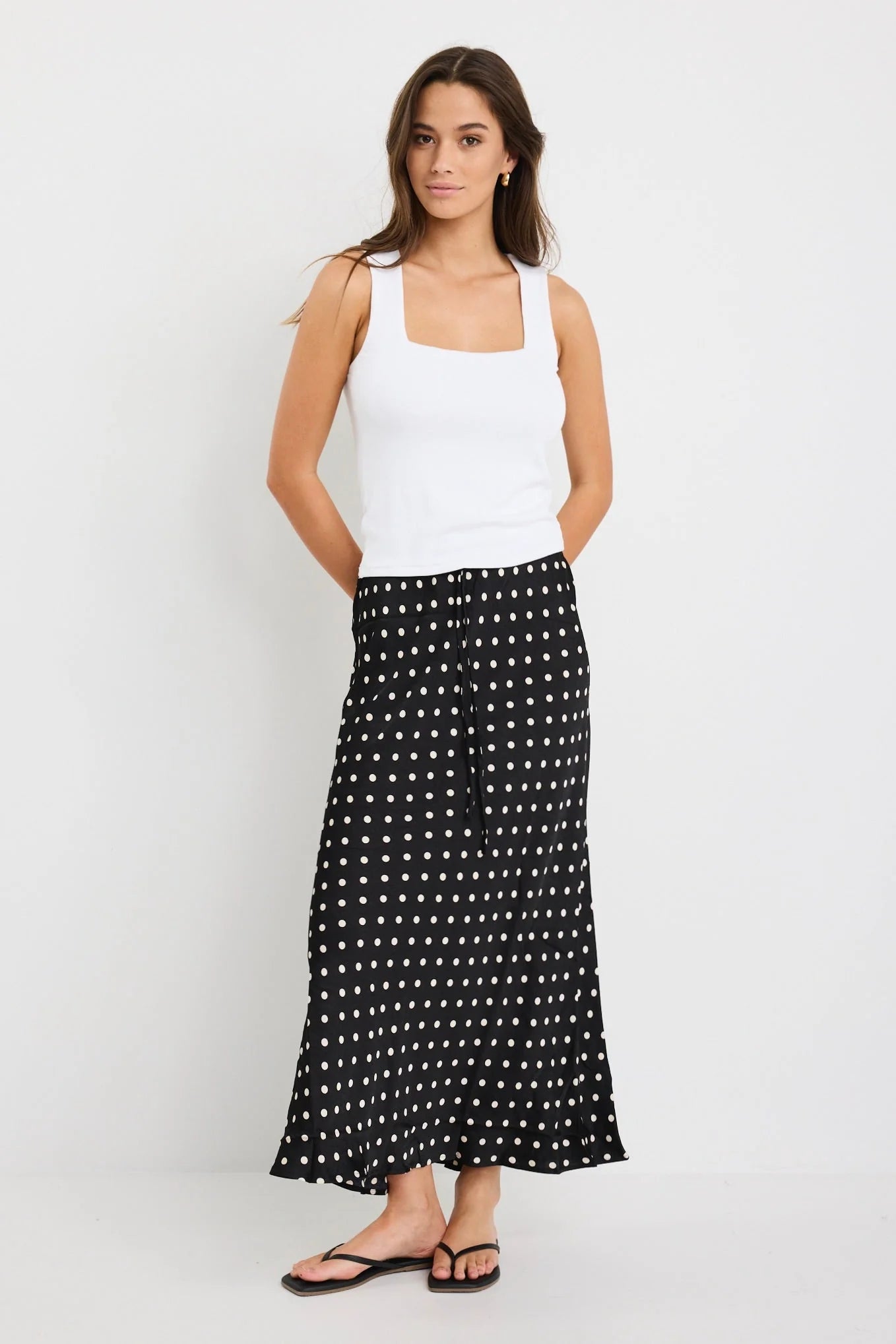 STORIES BE TOLD RARITY BLACK WHITE POLKA DOT SATIN TIE WAIST BIAS MAXI SKIRT