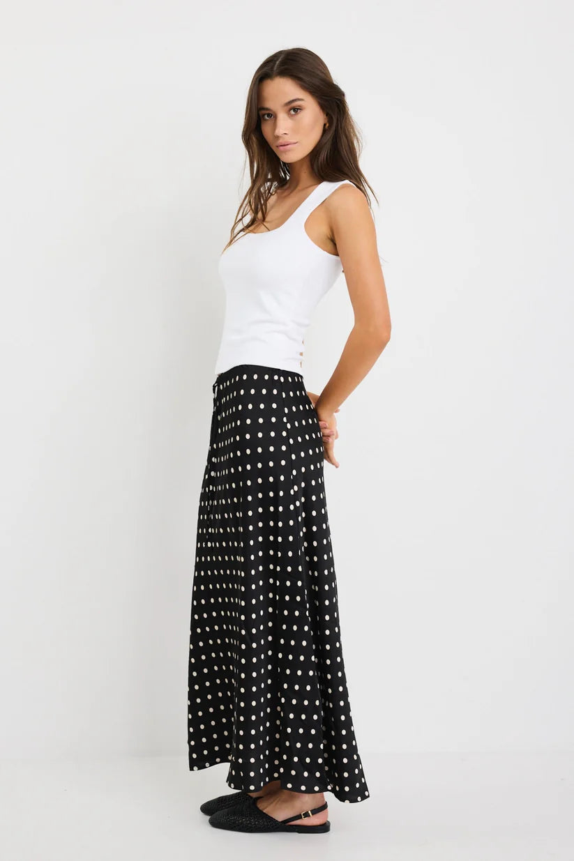STORIES BE TOLD RARITY BLACK WHITE POLKA DOT SATIN TIE WAIST BIAS MAXI SKIRT - THE VOGUE STORE