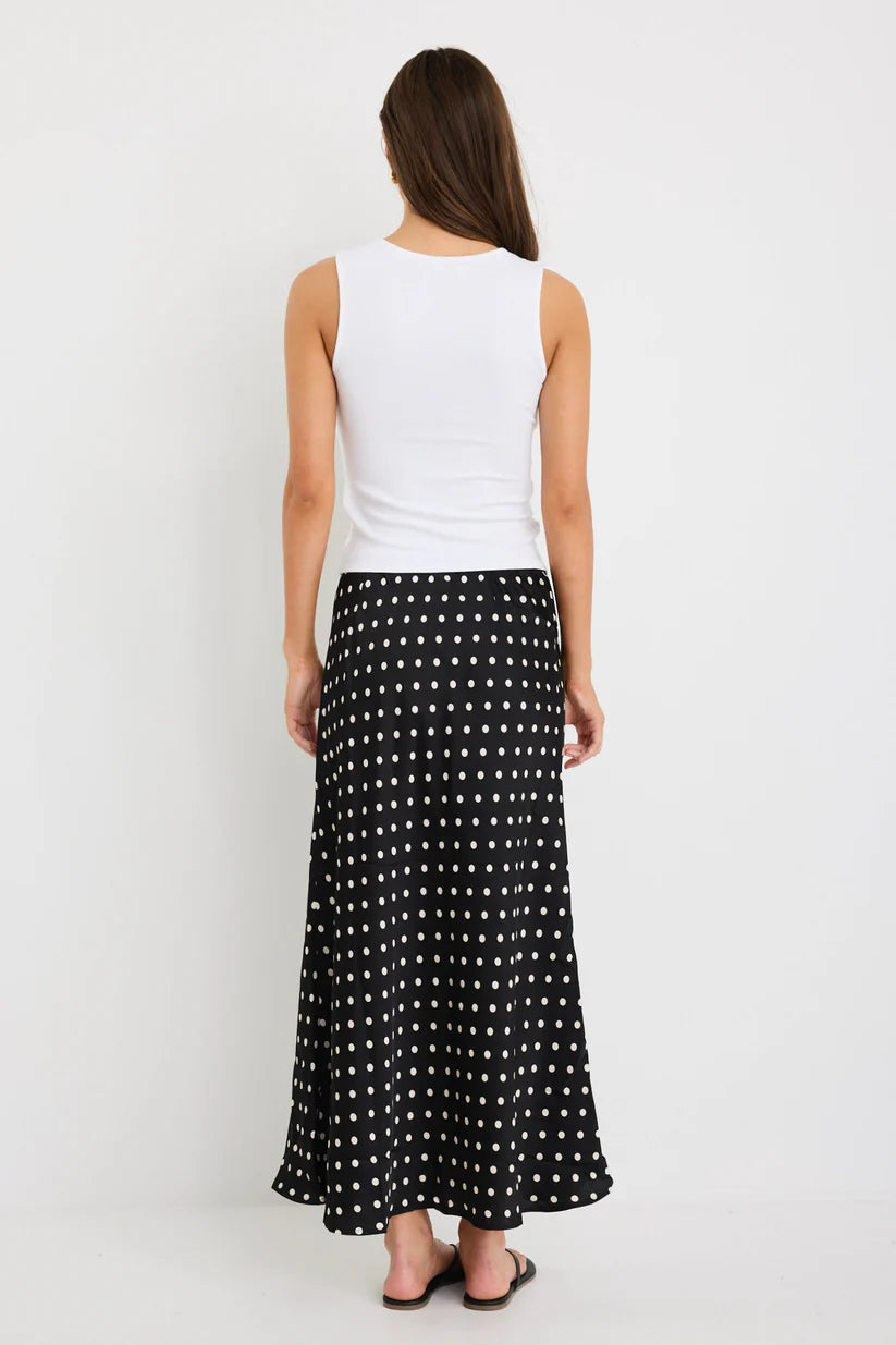 STORIES BE TOLD RARITY BLACK WHITE POLKA DOT SATIN TIE WAIST BIAS MAXI SKIRT - THE VOGUE STORE
