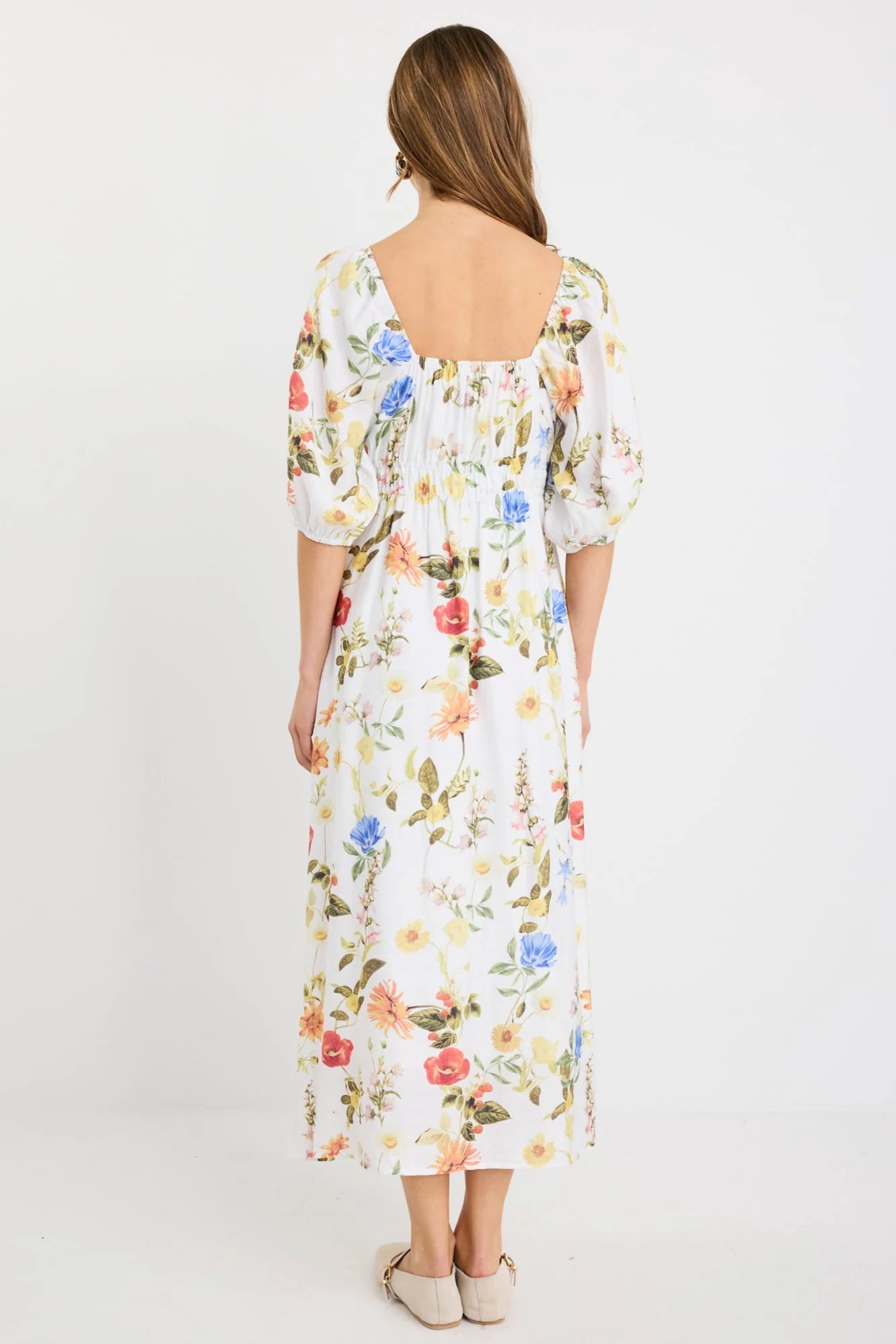 IVY + JACK POSY CREAM GARDEN PRINT SWEETHEART PUFF SLEEVE MIDI DRESS - THE VOGUE STORE