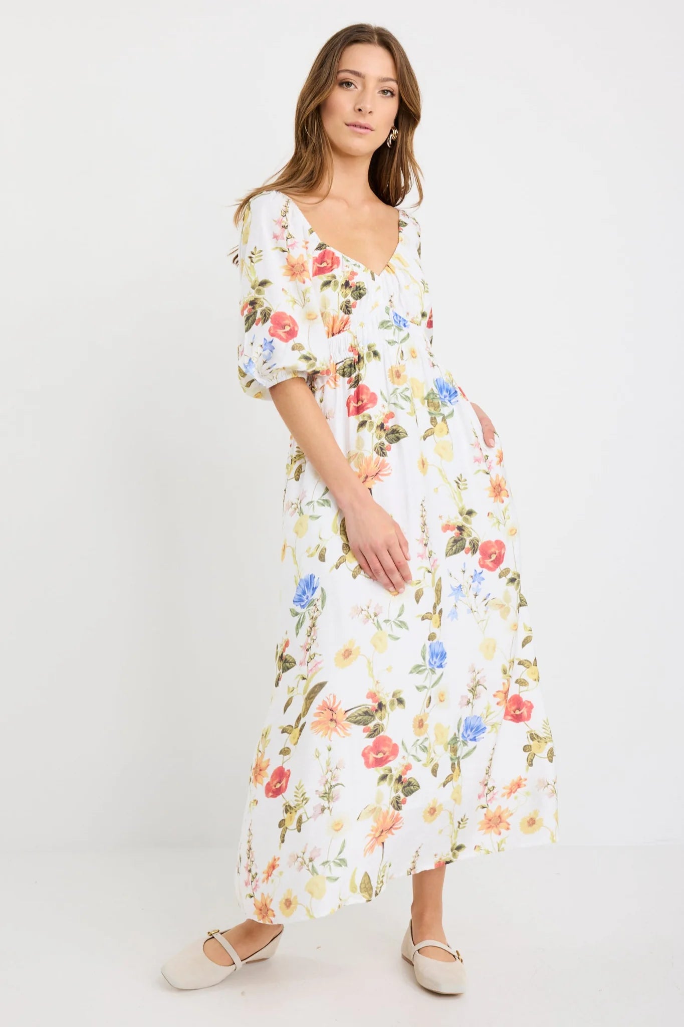 IVY + JACK POSY CREAM GARDEN PRINT SWEETHEART PUFF SLEEVE MIDI DRESS - THE VOGUE STORE