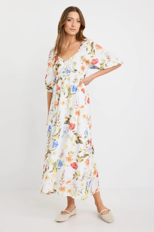 IVY + JACK POSY CREAM GARDEN PRINT SWEETHEART PUFF SLEEVE MIDI DRESS - THE VOGUE STORE