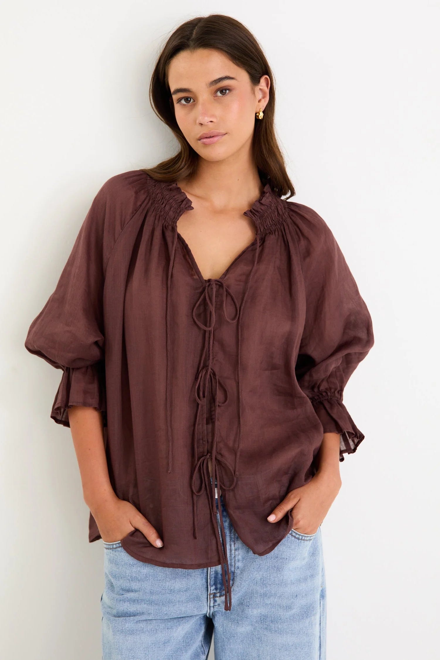 AMONG THE BRAVE PROSPECT CHOCOLATE TIE FRONT MID SLEEVE TOP - THE VOGUE STORE