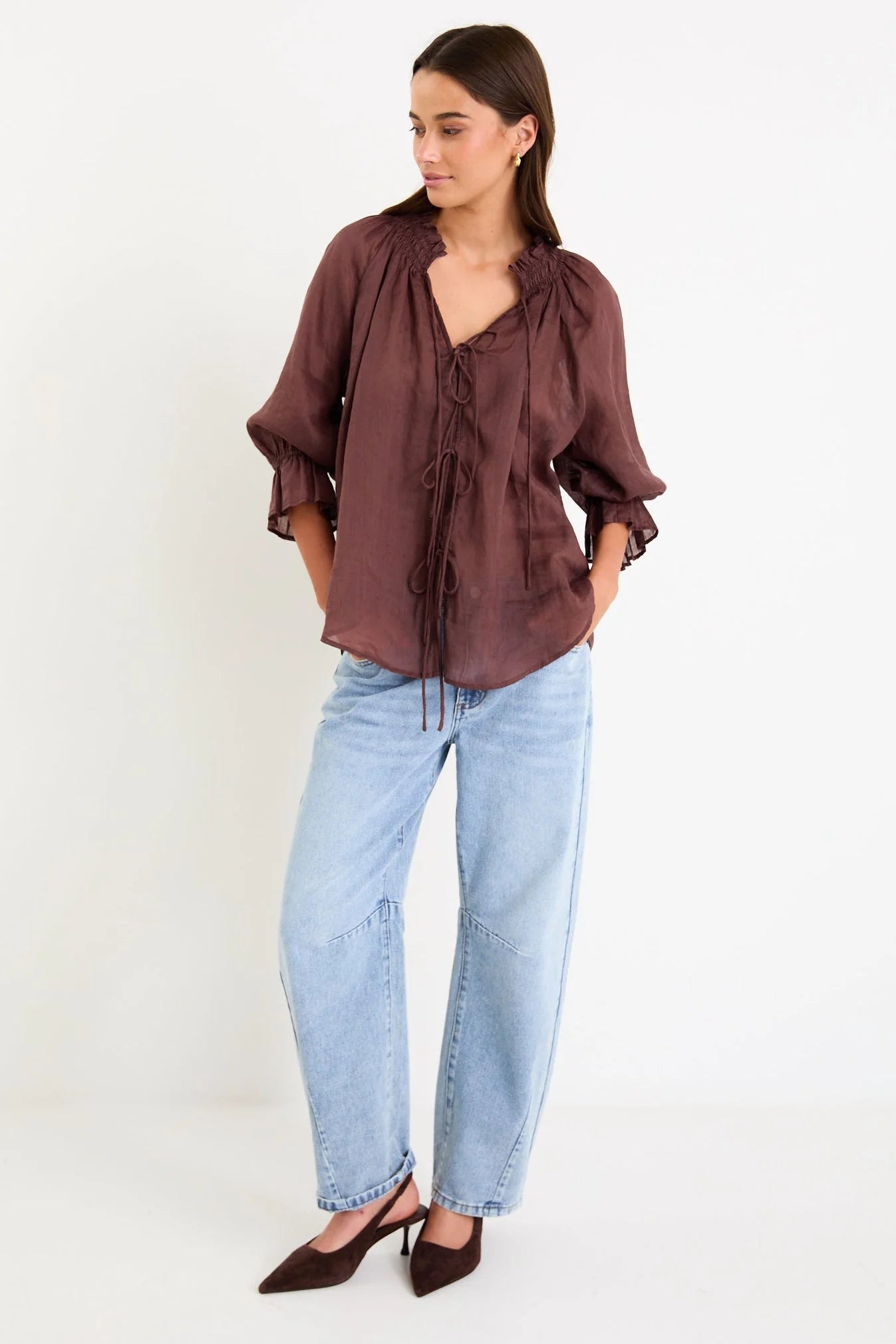 AMONG THE BRAVE PROSPECT CHOCOLATE TIE FRONT MID SLEEVE TOP - THE VOGUE STORE