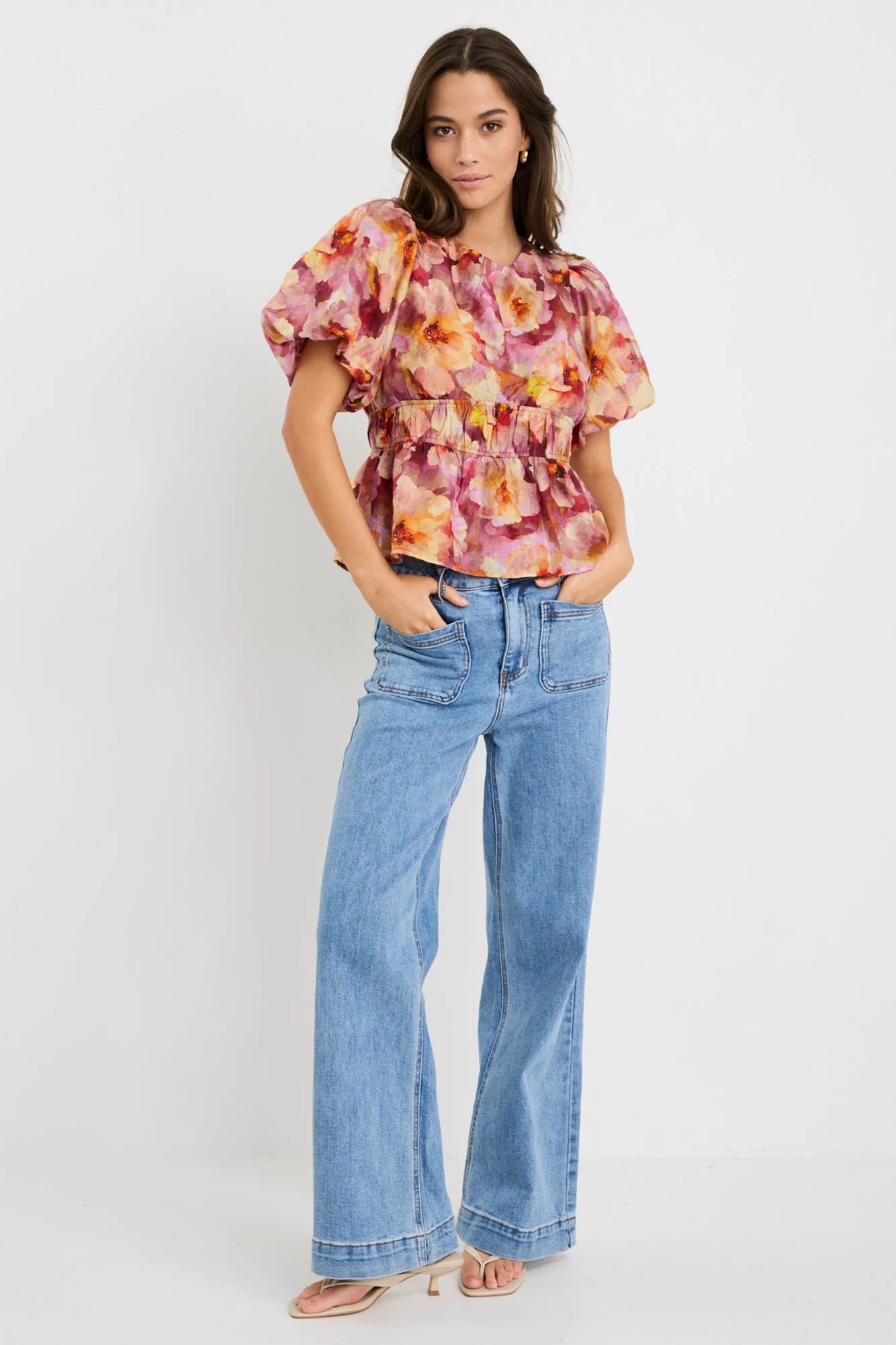 GEORGIA MAE PROVOKE PINK MULTI FLORAL BUBBLE SLEEVE TOP - THE VOGUE STORE