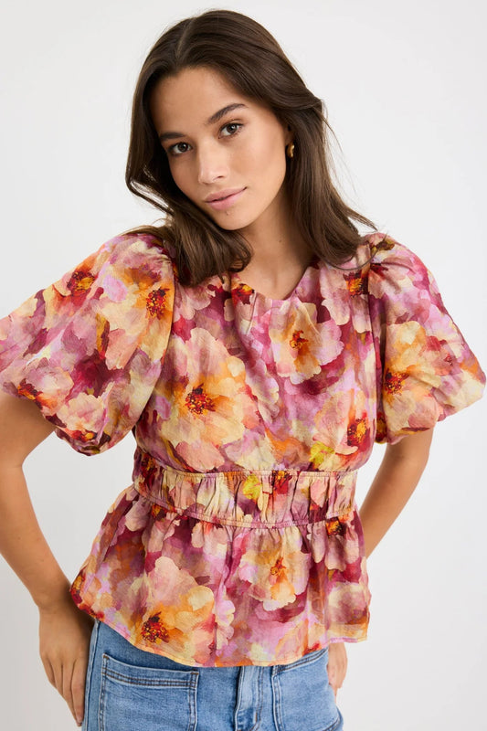 GEORGIA MAE PROVOKE PINK MULTI FLORAL BUBBLE SLEEVE TOP - THE VOGUE STORE