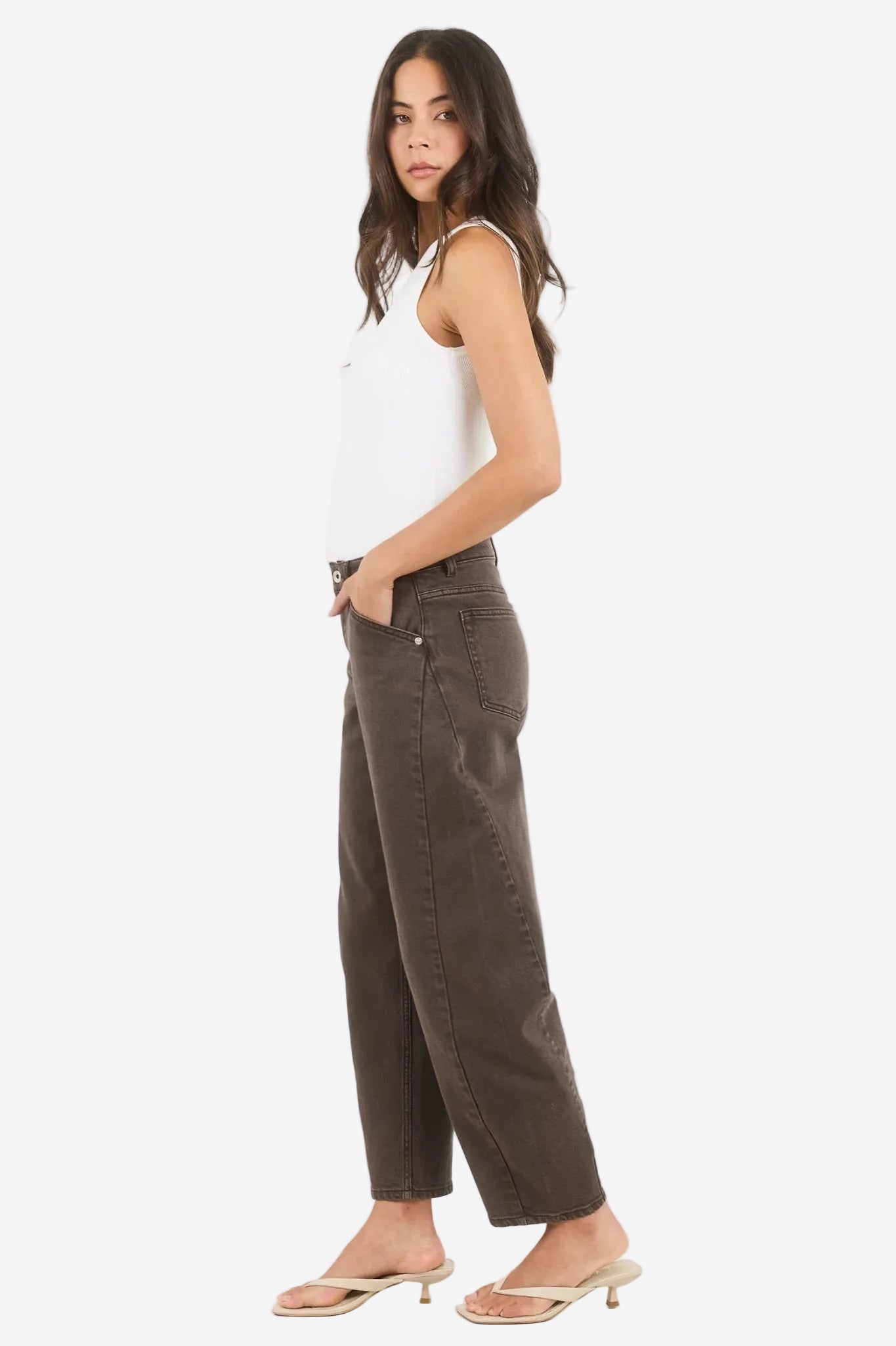 STORIES BE TOLD IDOLISE MOCHA BROWN STRETCH BARREL JEANS - THE VOGUE STORE