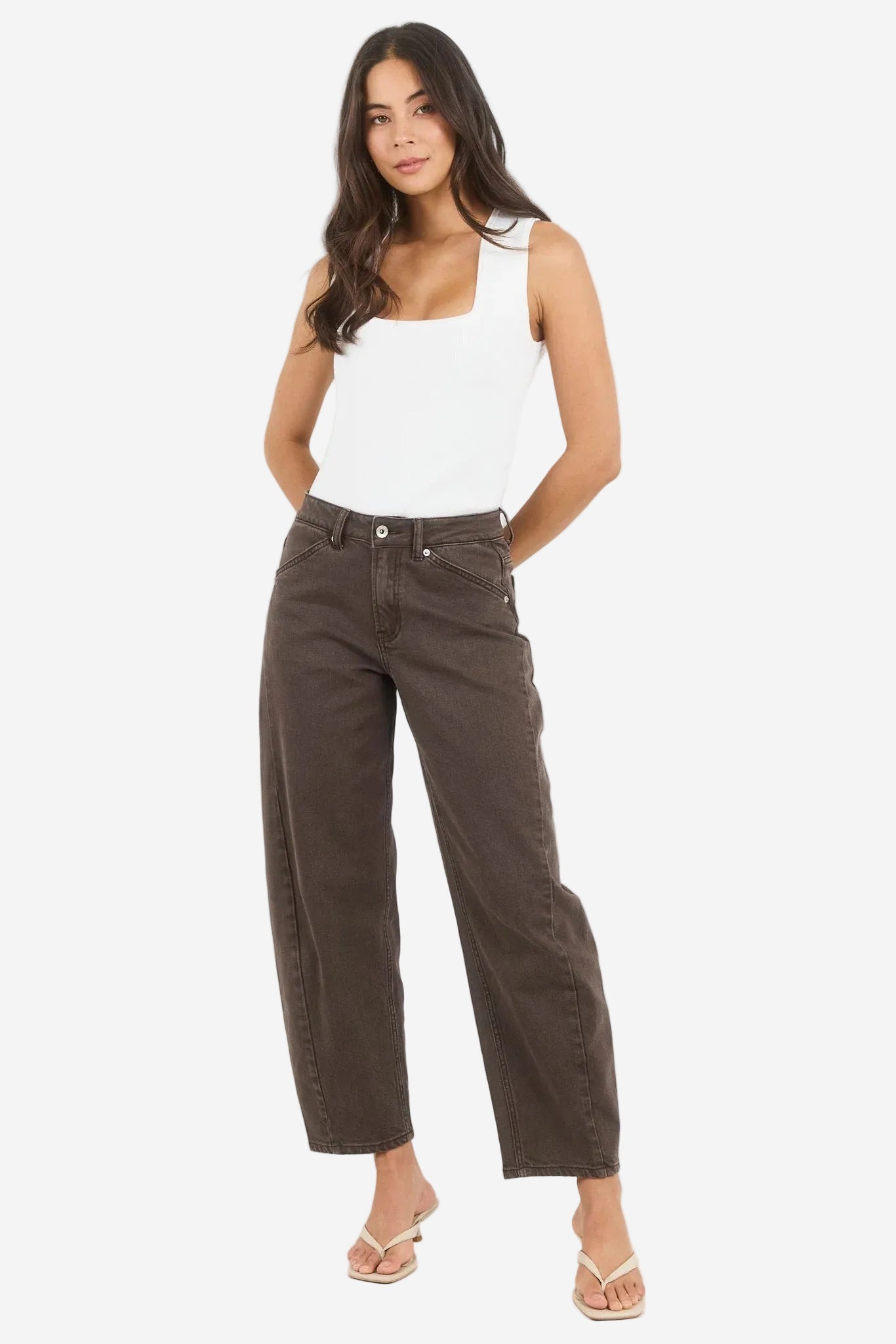 STORIES BE TOLD IDOLISE MOCHA BROWN STRETCH BARREL JEANS - THE VOGUE STORE