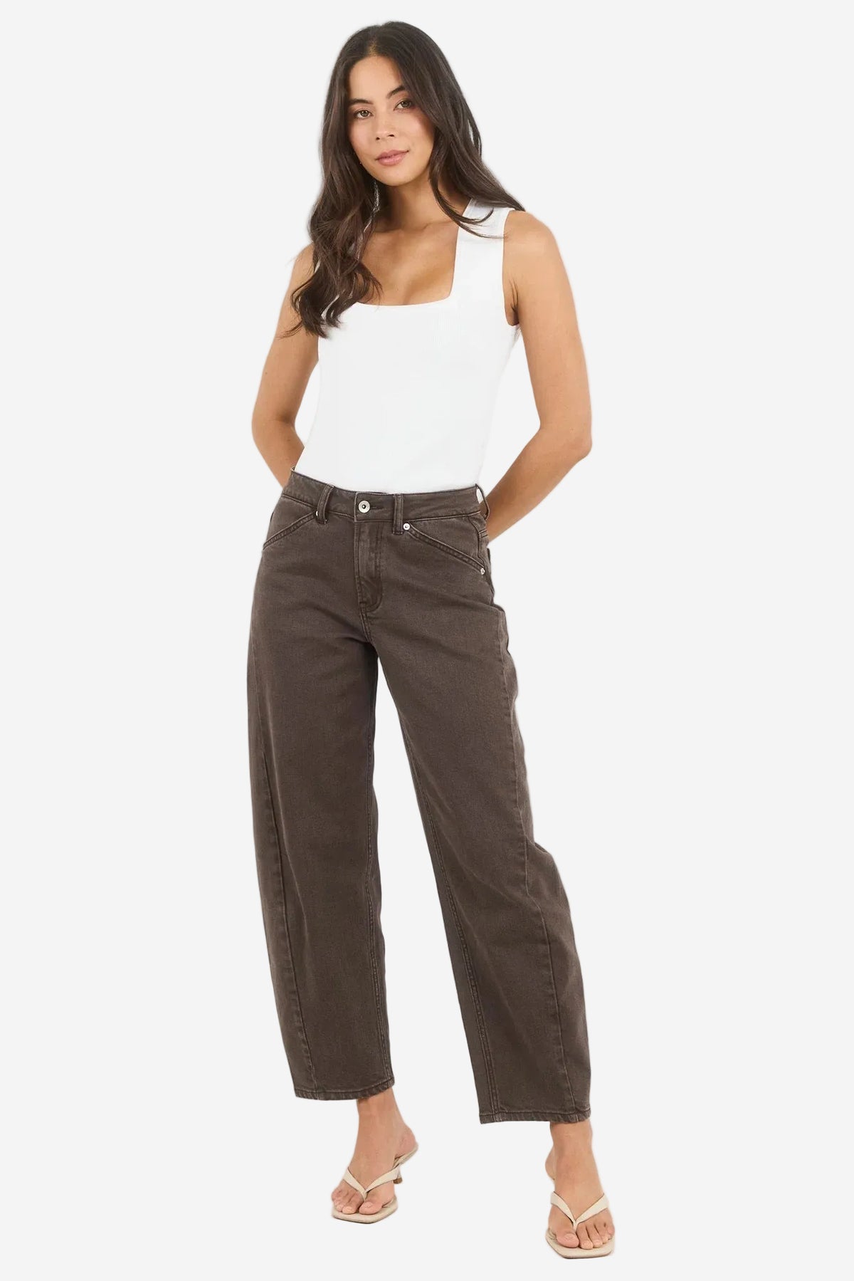 STORIES BE TOLD IDOLISE MOCHA BROWN STRETCH BARREL JEANS - THE VOGUE STORE