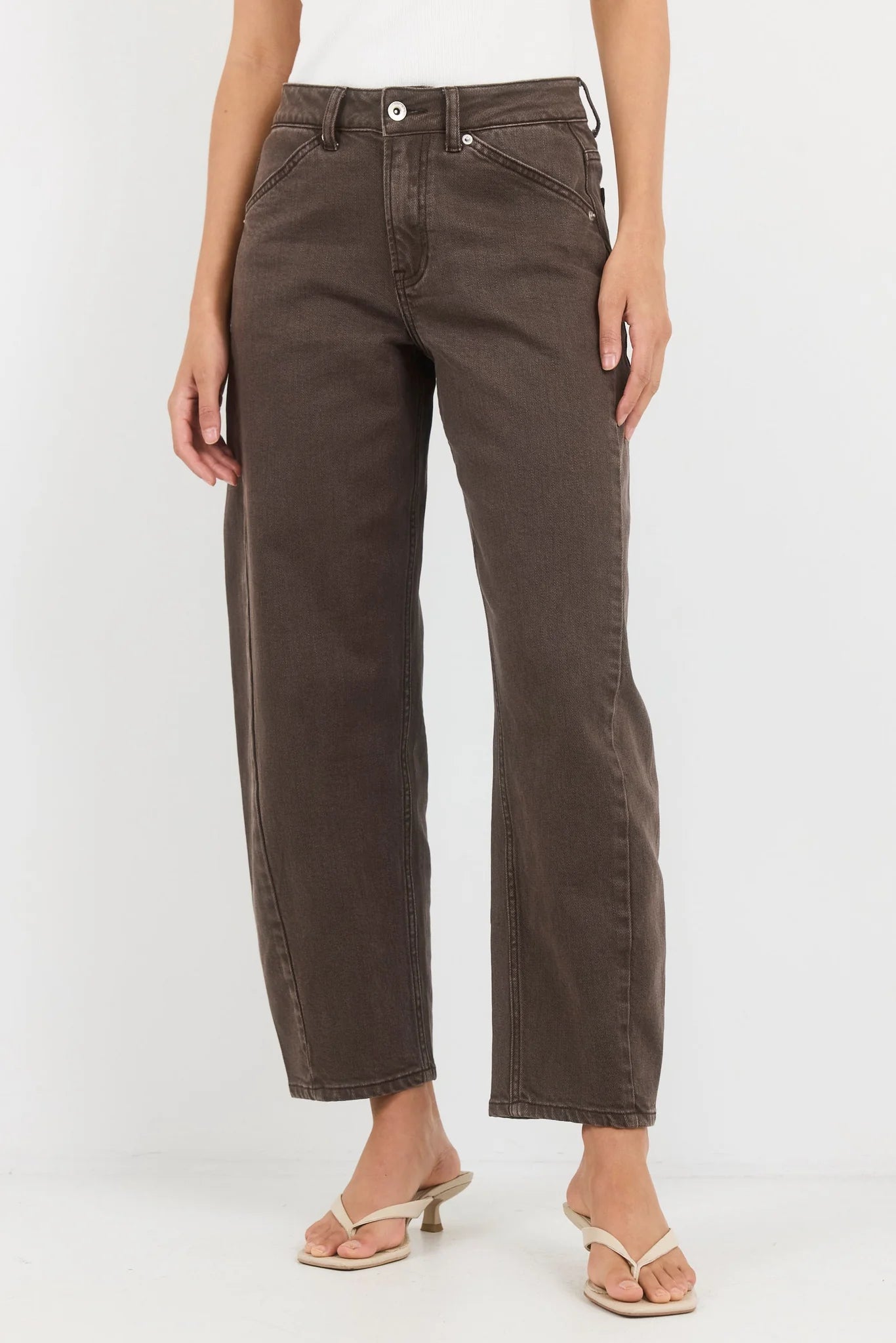 STORIES BE TOLD IDOLISE MOCHA BROWN STRETCH BARREL JEANS - THE VOGUE STORE