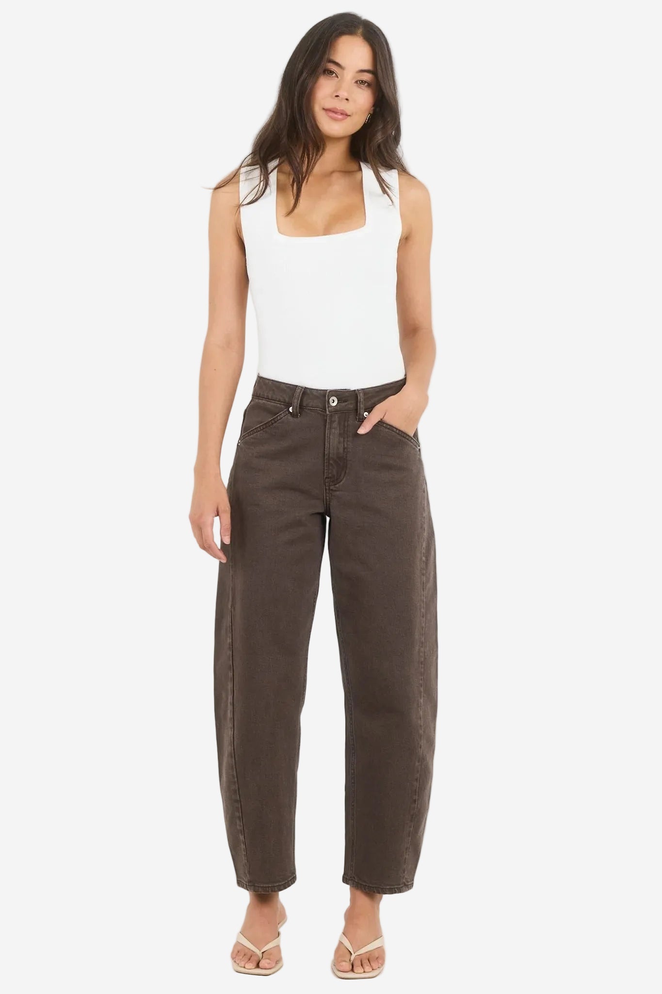 STORIES BE TOLD IDOLISE MOCHA BROWN STRETCH BARREL JEANS - THE VOGUE STORE