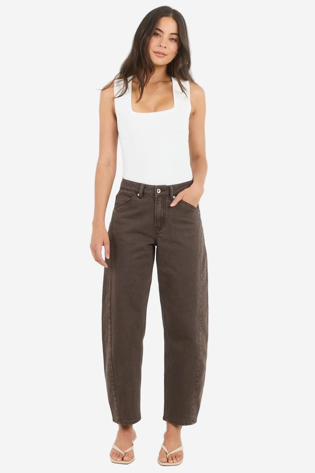 STORIES BE TOLD IDOLISE MOCHA BROWN STRETCH BARREL JEANS - THE VOGUE STORE