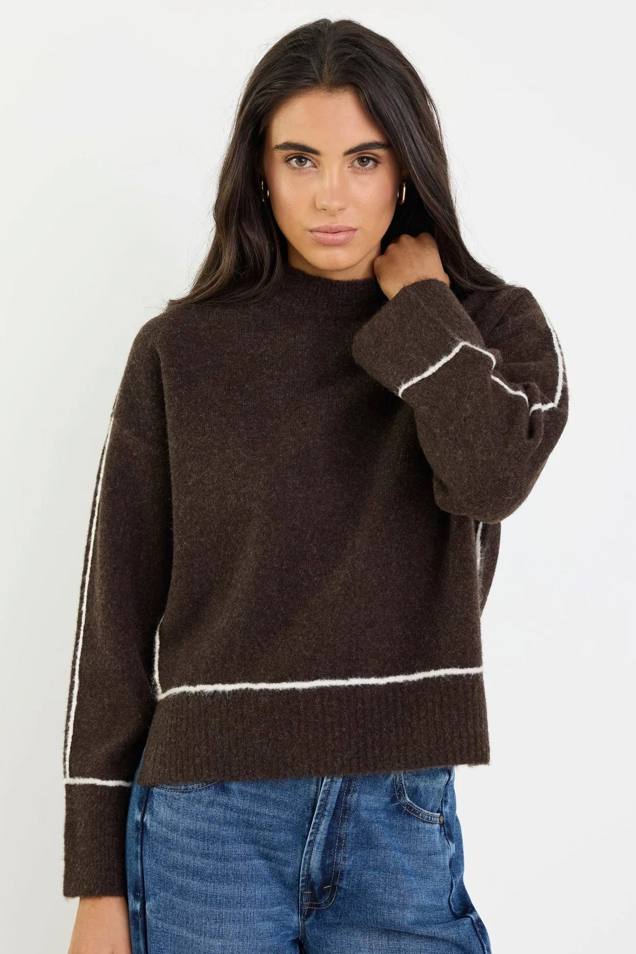 STORIES BE TOLD QUEST CHOCOLATE CONTRAST DETAIL JUMPER - THE VOGUE STORE