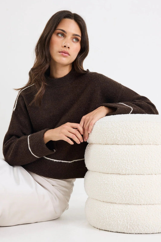STORIES BE TOLD QUEST CHOCOLATE CONTRAST DETAIL JUMPER - THE VOGUE STORE