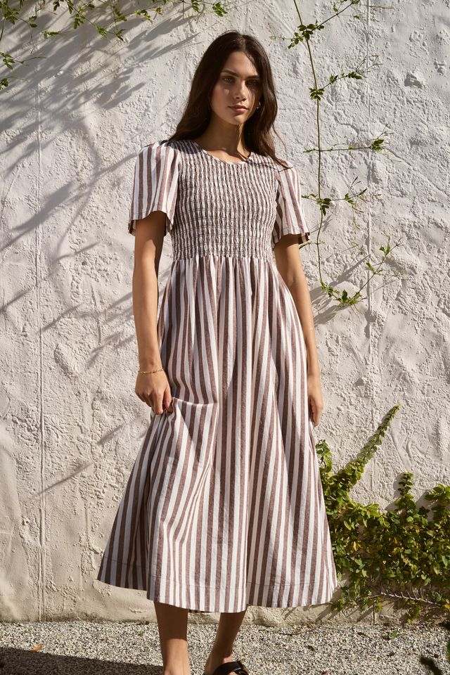 RE:UNION WREN COTTON SS SHIRRED BODICE MIDI DRESS - CHOCOLATE STRIPE - THE VOGUE STORE