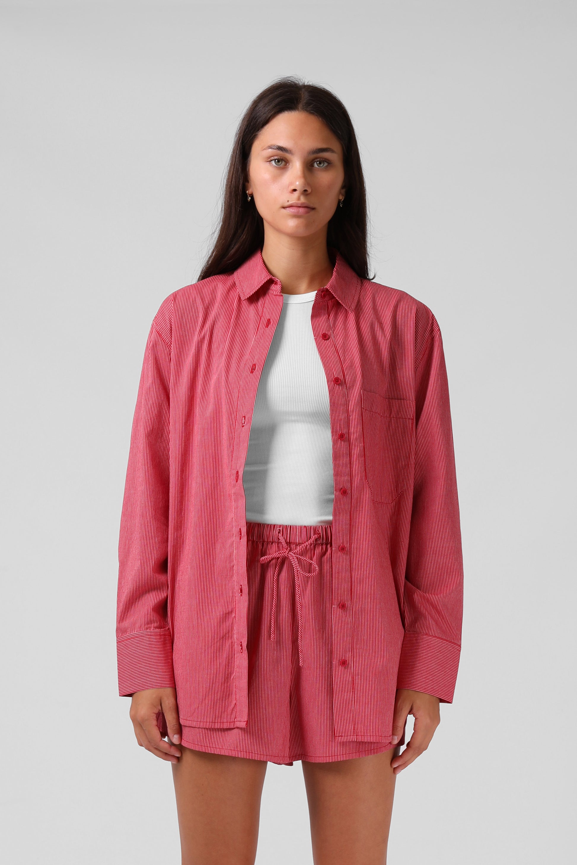 RPM OVERSIZE SHIRT - RED PINSTRIPE - THE VOGUE STORE