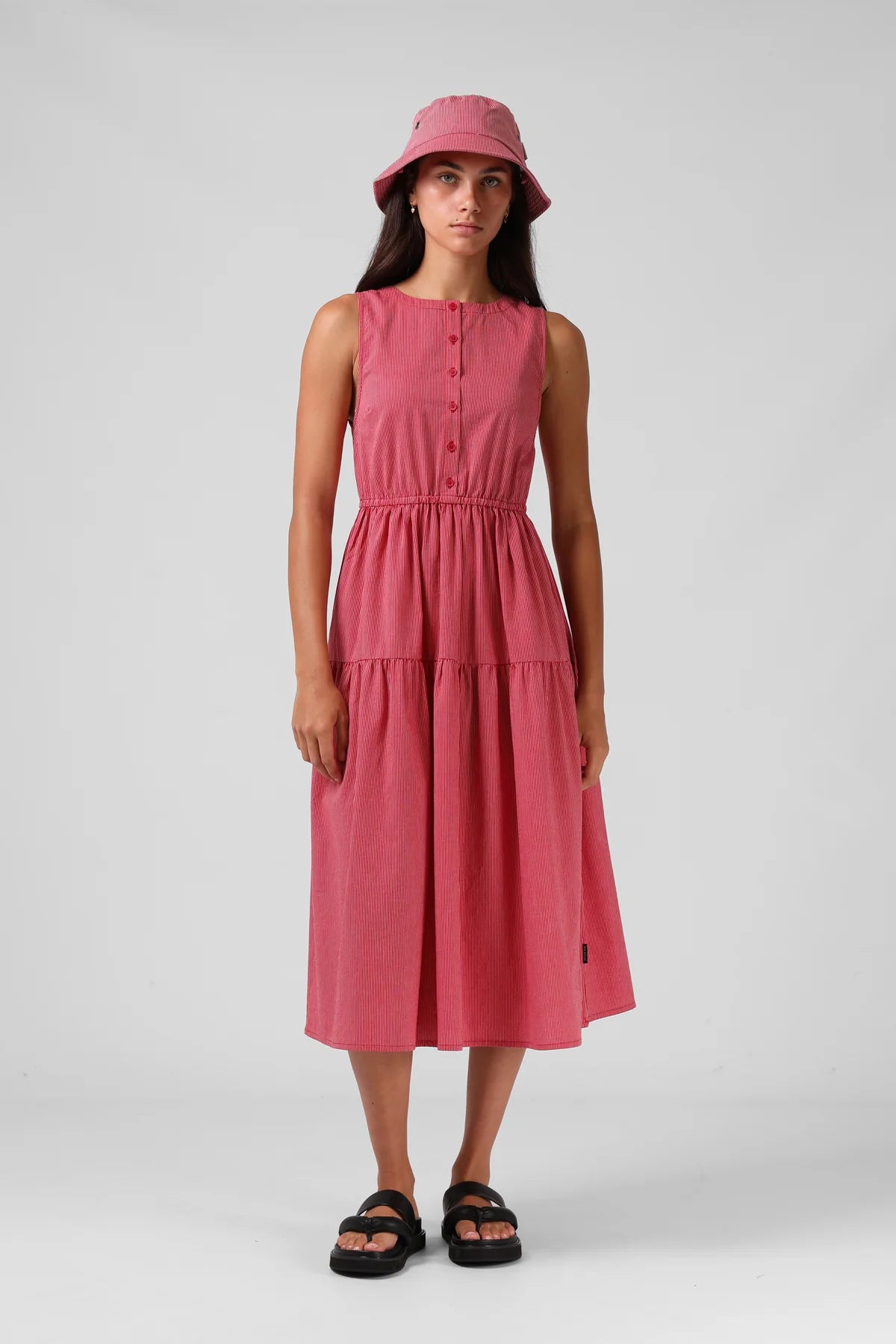 RPM SMOCK MIDI DRESS - RED PINSTRIPE - THE VOGUE STORE