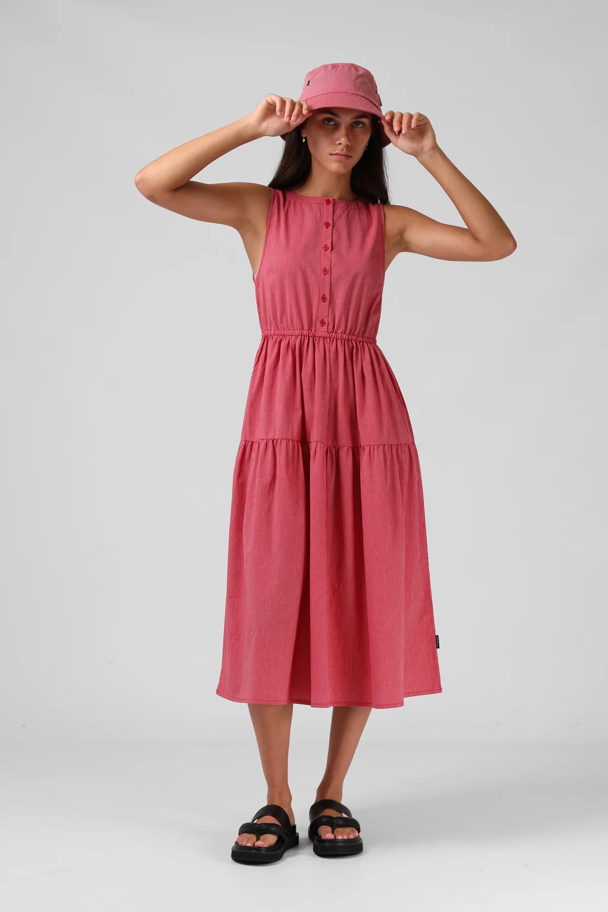 RPM SMOCK MIDI DRESS - RED PINSTRIPE - THE VOGUE STORE