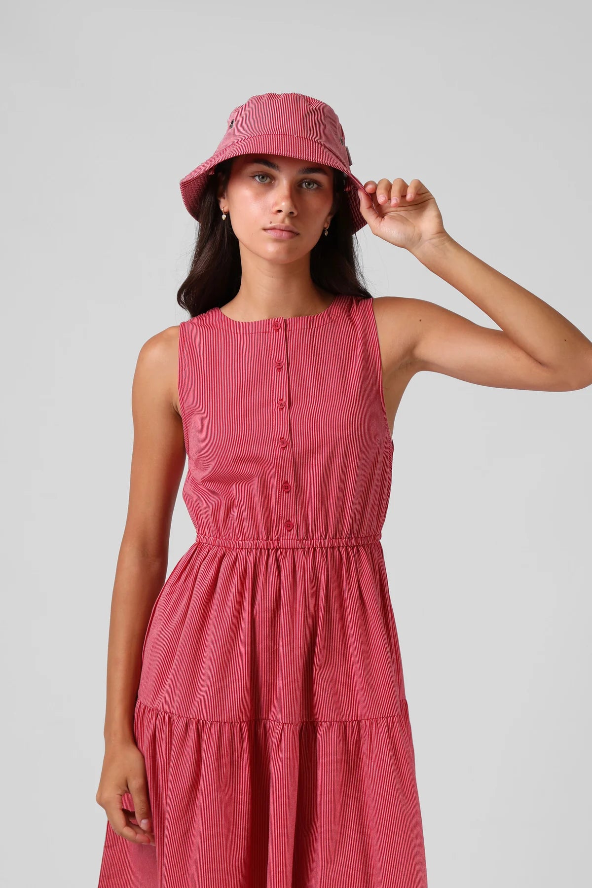 RPM SMOCK MIDI DRESS - RED PINSTRIPE - THE VOGUE STORE