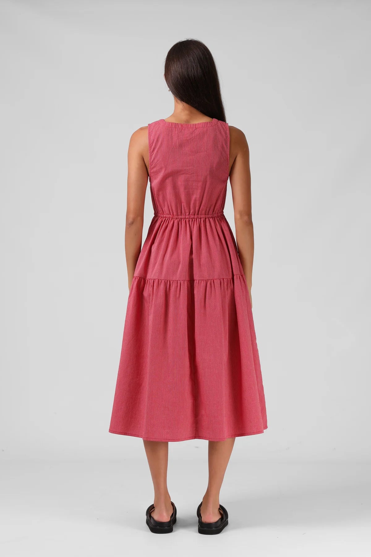 RPM SMOCK MIDI DRESS - RED PINSTRIPE - THE VOGUE STORE