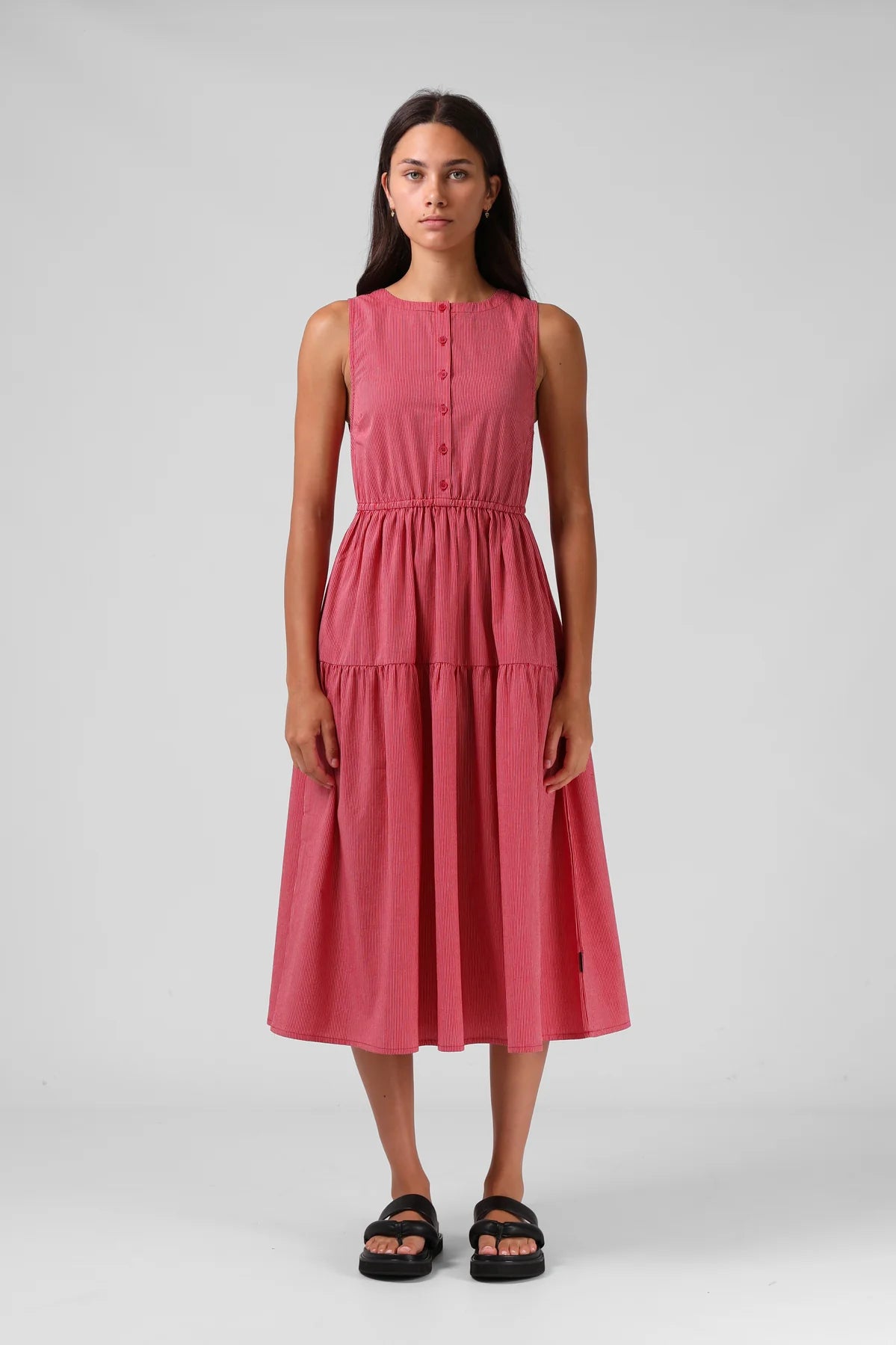 RPM SMOCK MIDI DRESS - RED PINSTRIPE - THE VOGUE STORE