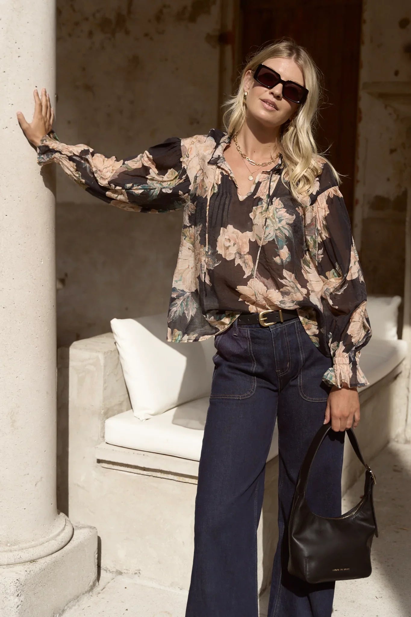 IVY + JACK REFINED NAVY PEACH FLORAL LS PINTUCK TOP - THE VOGUE STORE