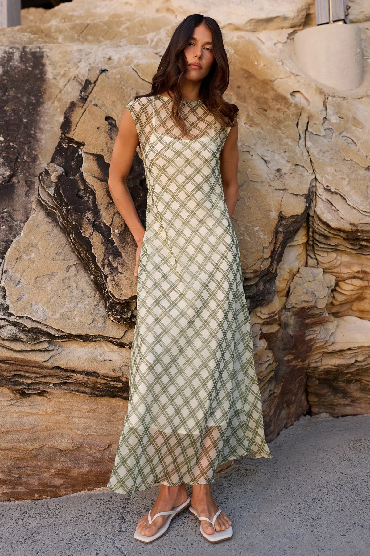 IVY + JACK RELAY AVOCADO CHECK CHIFFON SLEEVELESS SHEER MAXI DRESS - THE VOGUE STORE