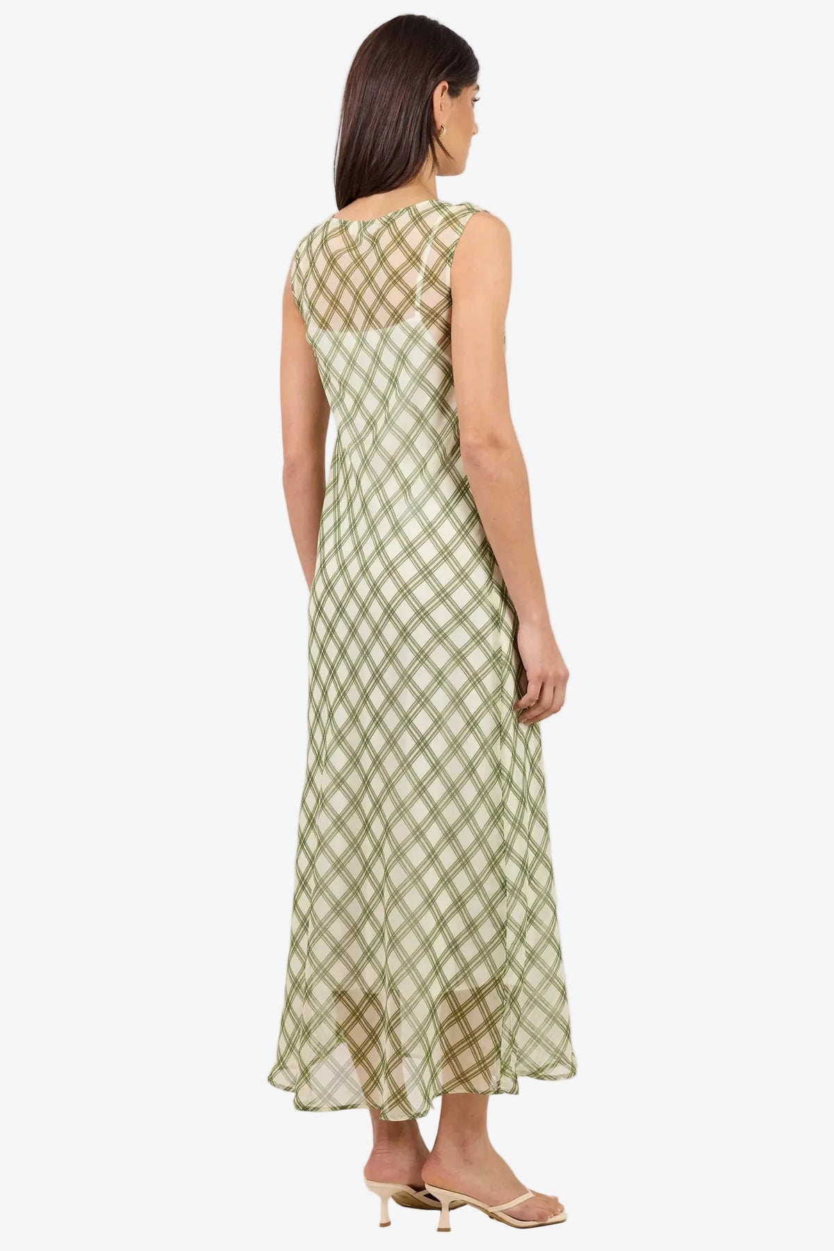 IVY + JACK RELAY AVOCADO CHECK CHIFFON SLEEVELESS SHEER MAXI DRESS - THE VOGUE STORE