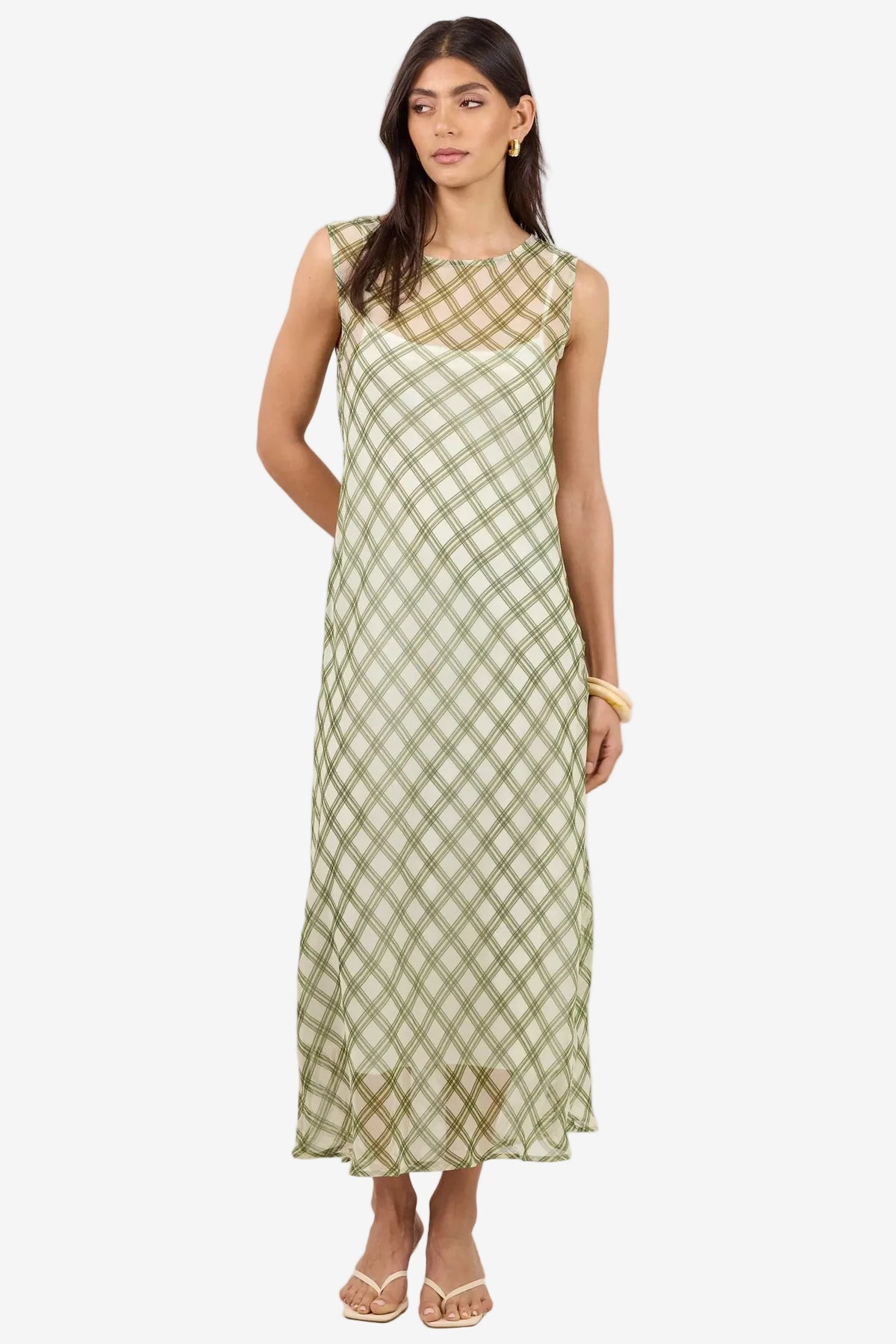 IVY + JACK RELAY AVOCADO CHECK CHIFFON SLEEVELESS SHEER MAXI DRESS - THE VOGUE STORE