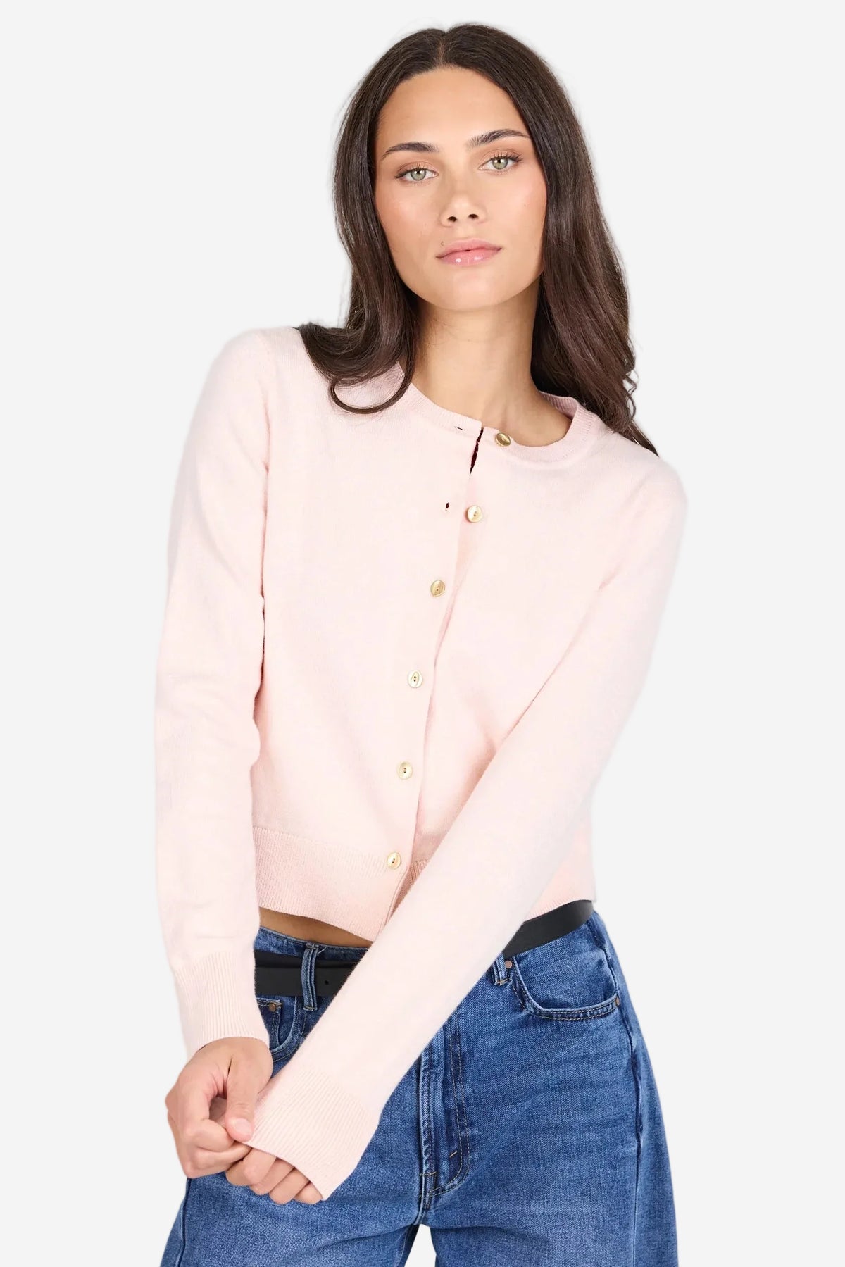 AMONG THE BRAVE REPLICA BLUSH COTTON CASHMERE CREWNECK CARDIGAN - THE VOGUE STORE