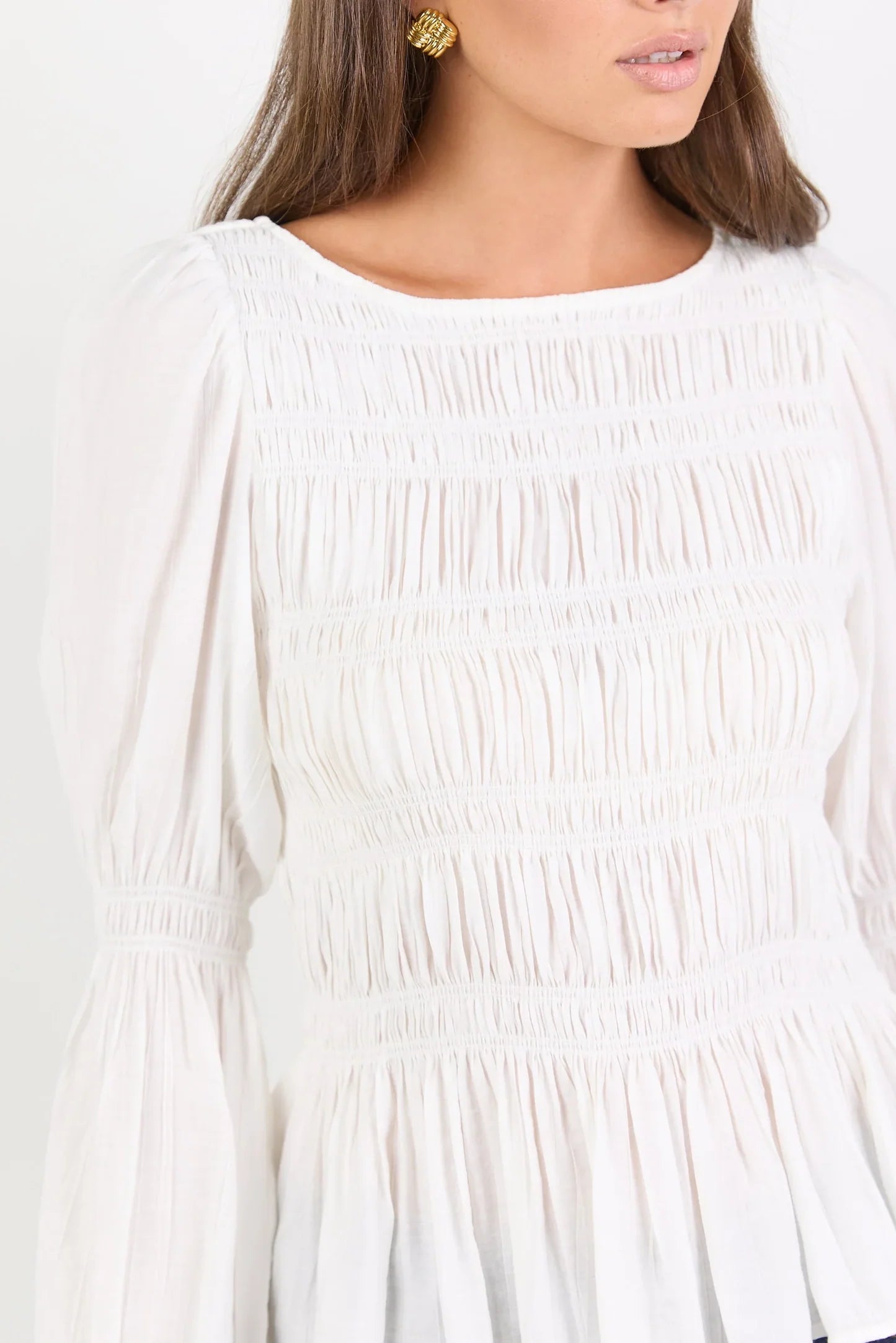 AMONG THE BRAVE REQUIRED IVORY LS SHIRRED BODICE TOP - THE VOGUE STORE