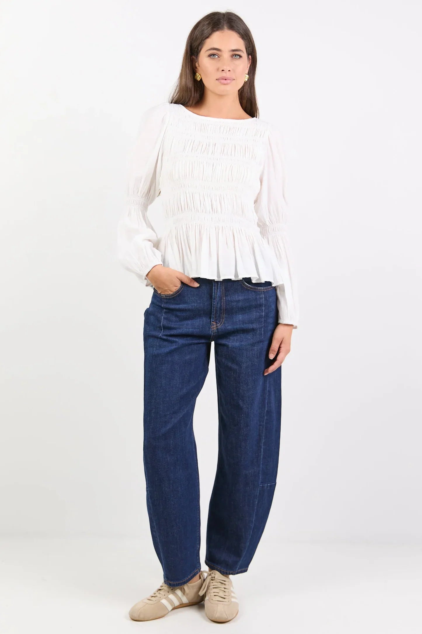 AMONG THE BRAVE REQUIRED IVORY LS SHIRRED BODICE TOP - THE VOGUE STORE