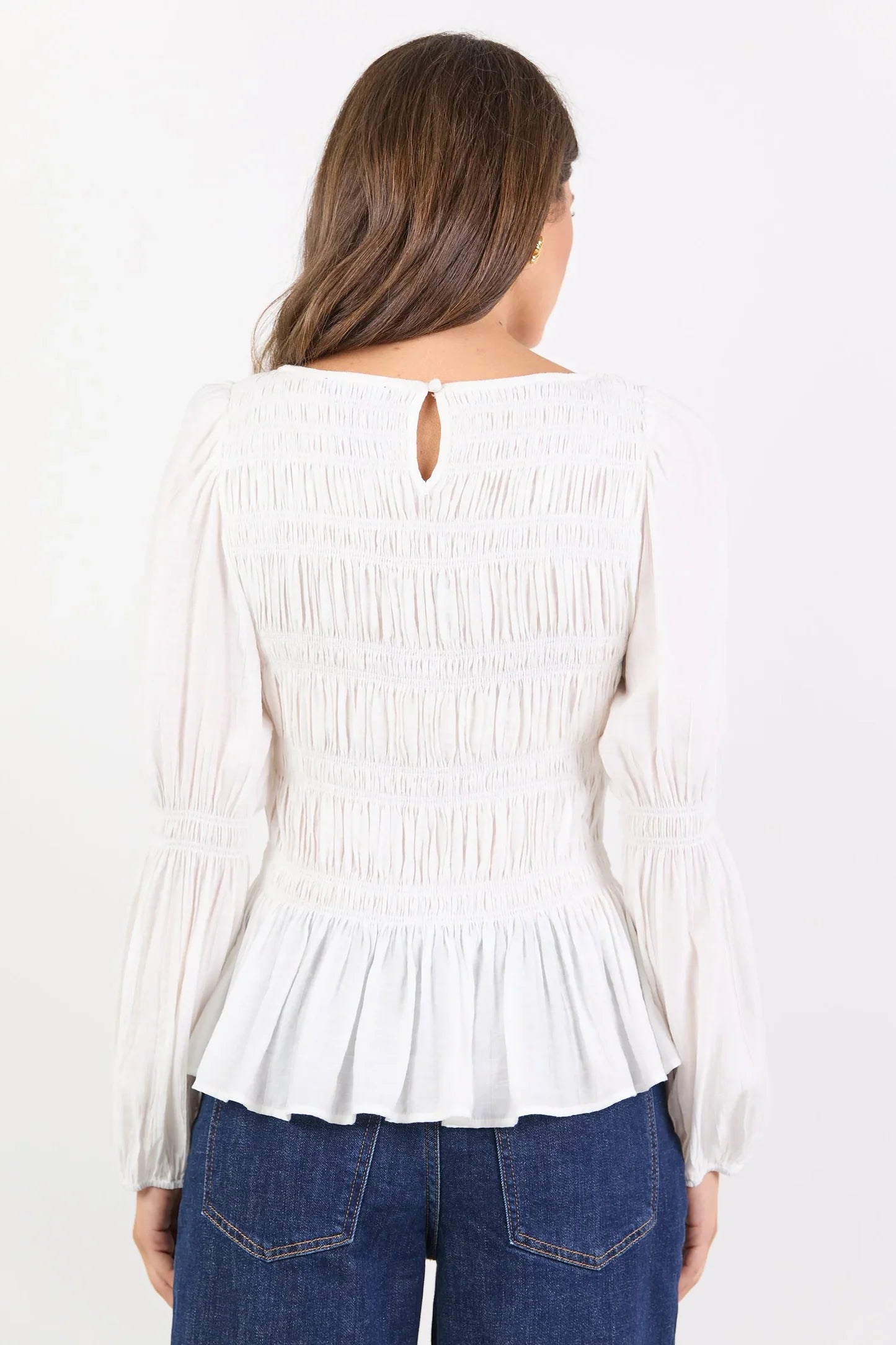 AMONG THE BRAVE REQUIRED IVORY LS SHIRRED BODICE TOP - THE VOGUE STORE