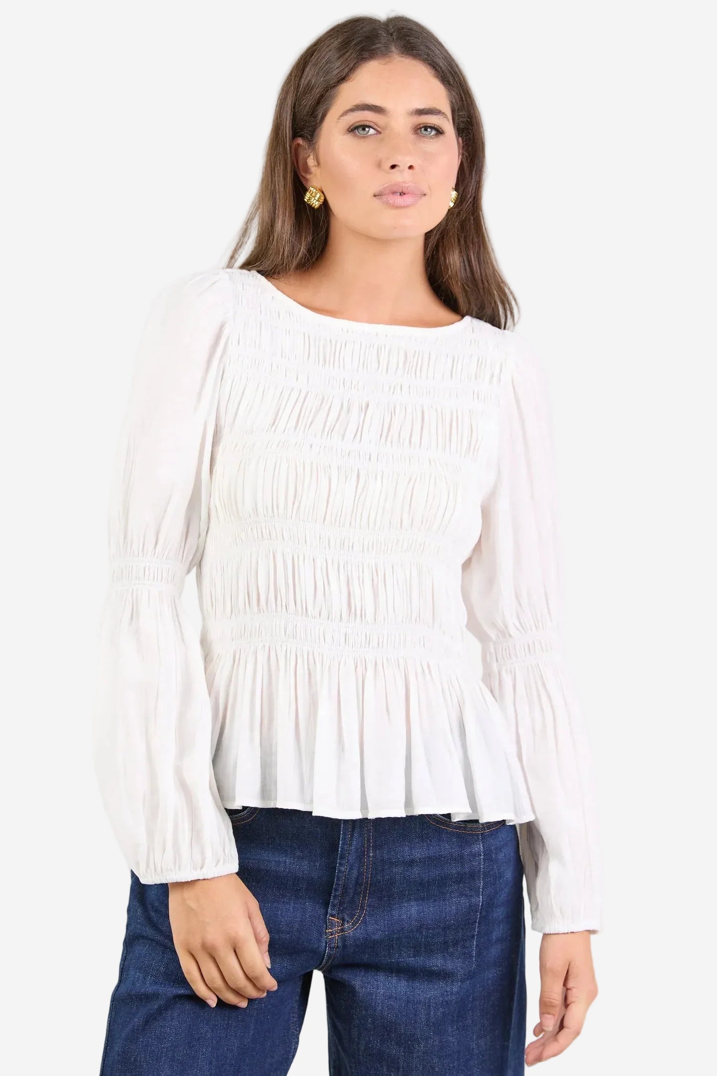 AMONG THE BRAVE REQUIRED IVORY LS SHIRRED BODICE TOP - THE VOGUE STORE