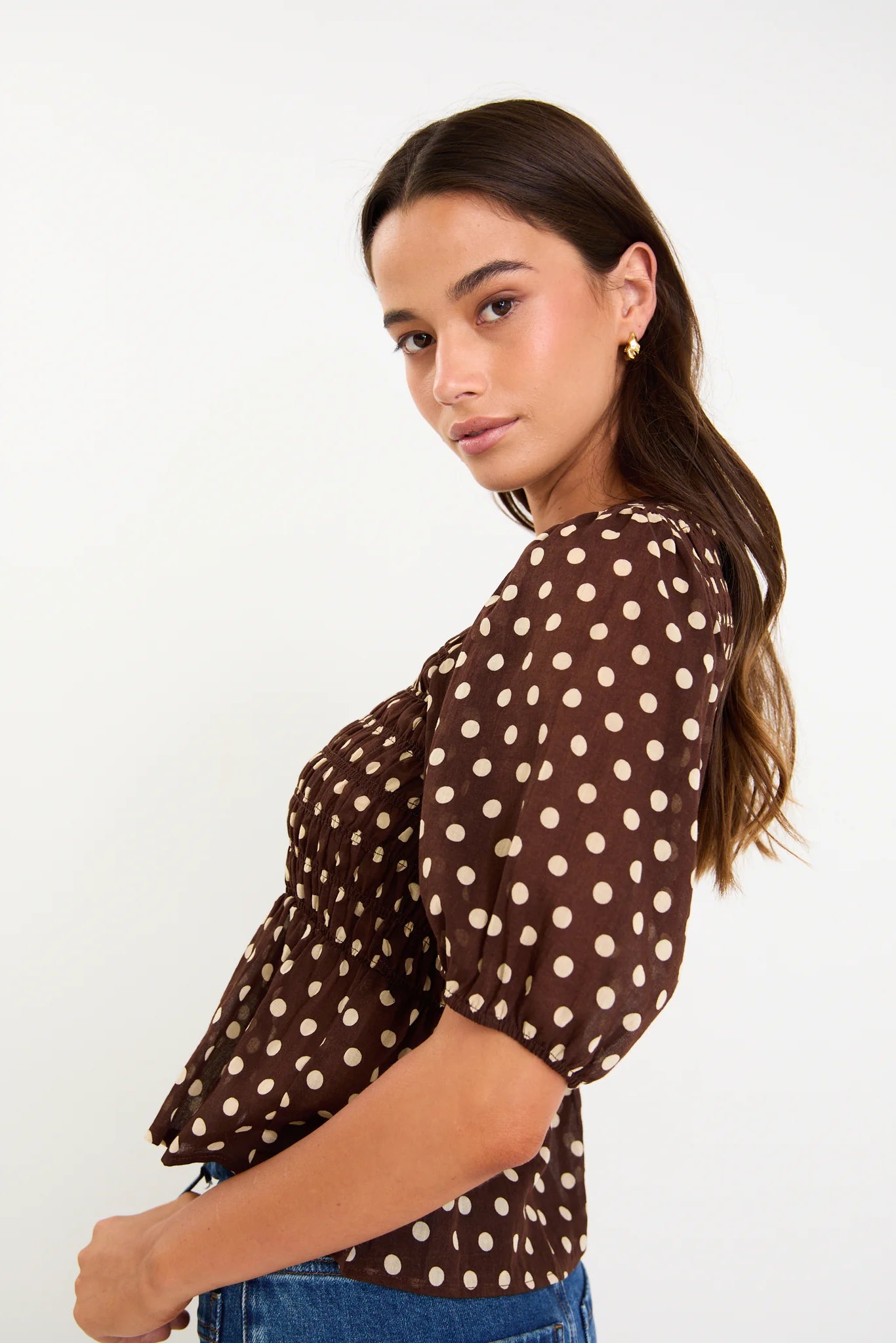 AMONG THE BRAVE REQUITE CHOCOLATE POLKA DOT SHIRRED BODY SS TOP - THE VOGUE STORE 