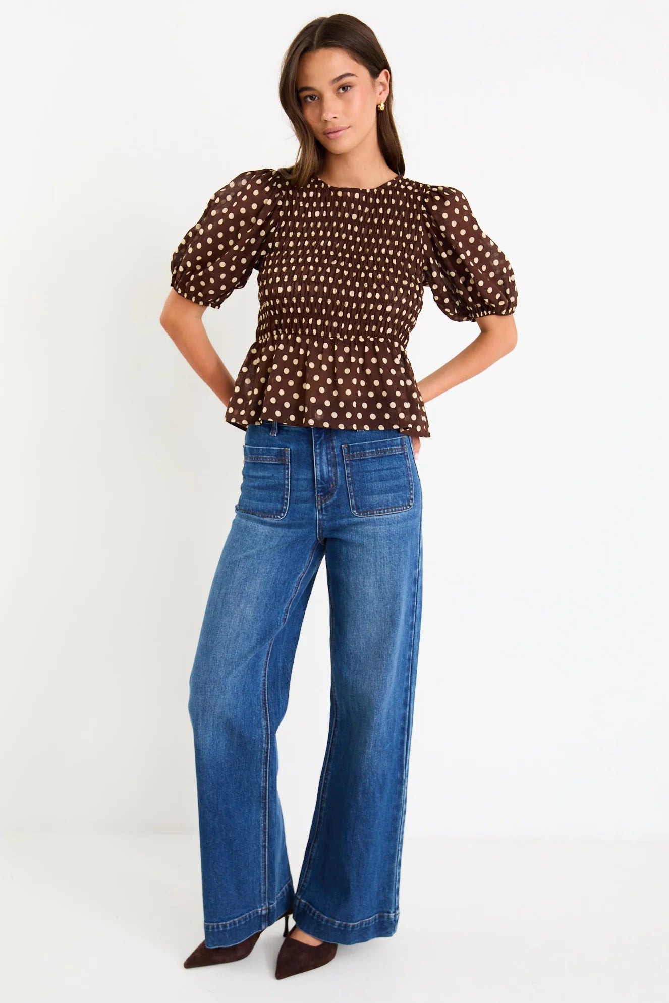 AMONG THE BRAVE REQUITE CHOCOLATE POLKA DOT SHIRRED BODY SS TOP - THE VOGUE STORE 