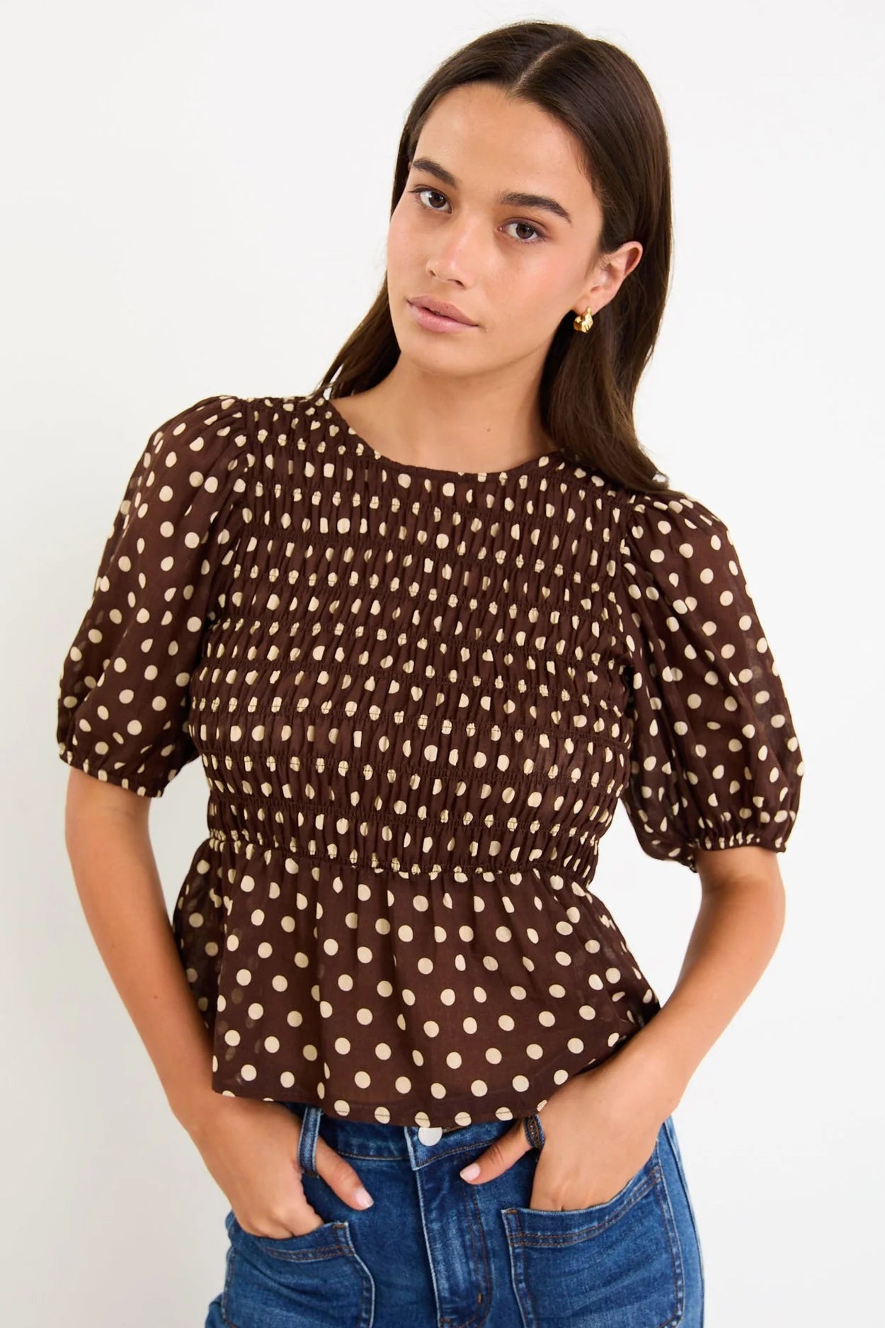 AMONG THE BRAVE REQUITE CHOCOLATE POLKA DOT SHIRRED BODY SS TOP - THE VOGUE STORE 