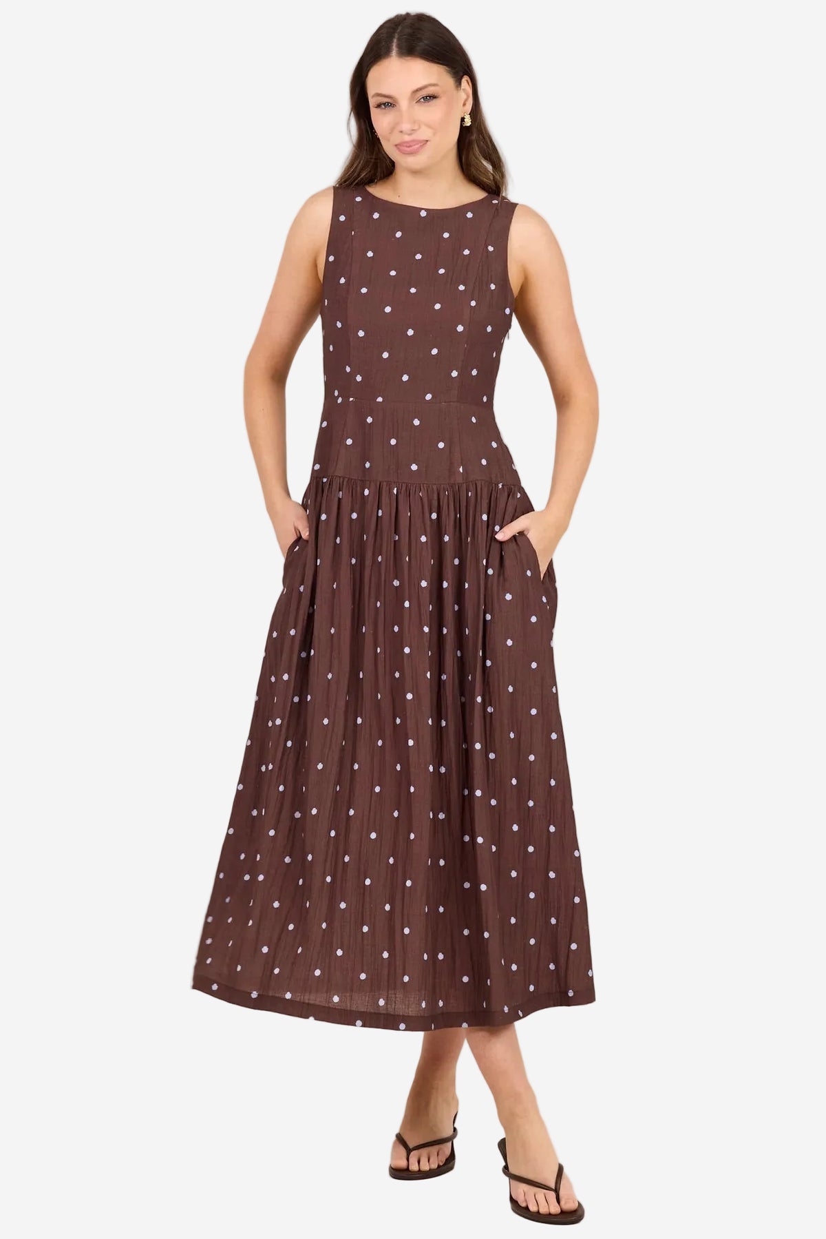 STORIES BE TOLD RESULTS MOCHA BLUE POLKA DOT SHIRRED BACK SLEEVELESS MAXI DRESS - THE VOGUE STORE