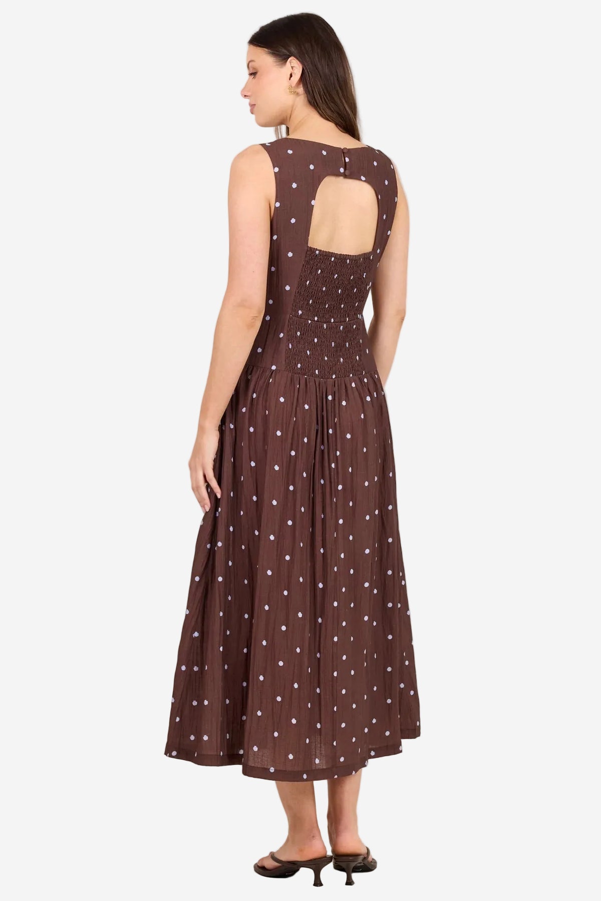 STORIES BE TOLD RESULTS MOCHA BLUE POLKA DOT SHIRRED BACK SLEEVELESS MAXI DRESS - THE VOGUE STORE
