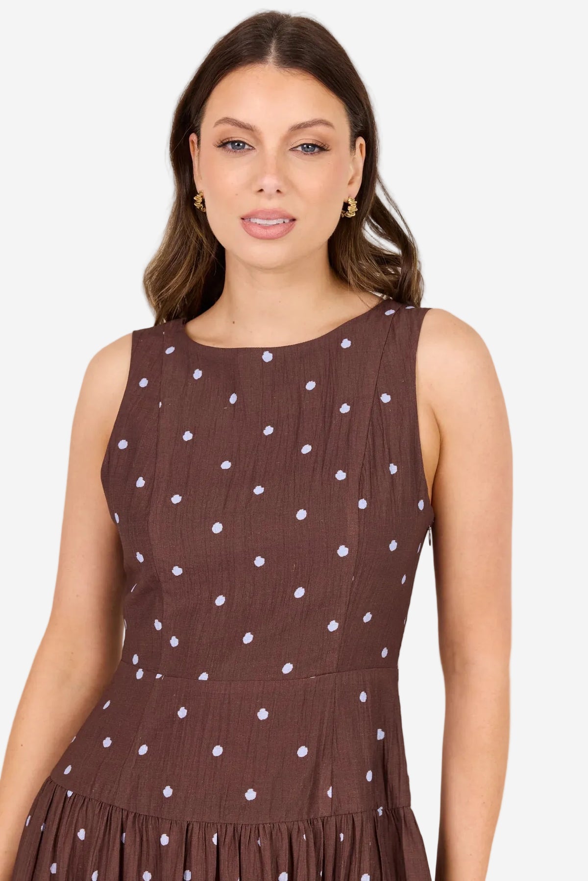 STORIES BE TOLD RESULTS MOCHA BLUE POLKA DOT SHIRRED BACK SLEEVELESS MAXI DRESS - THE VOGUE STORE