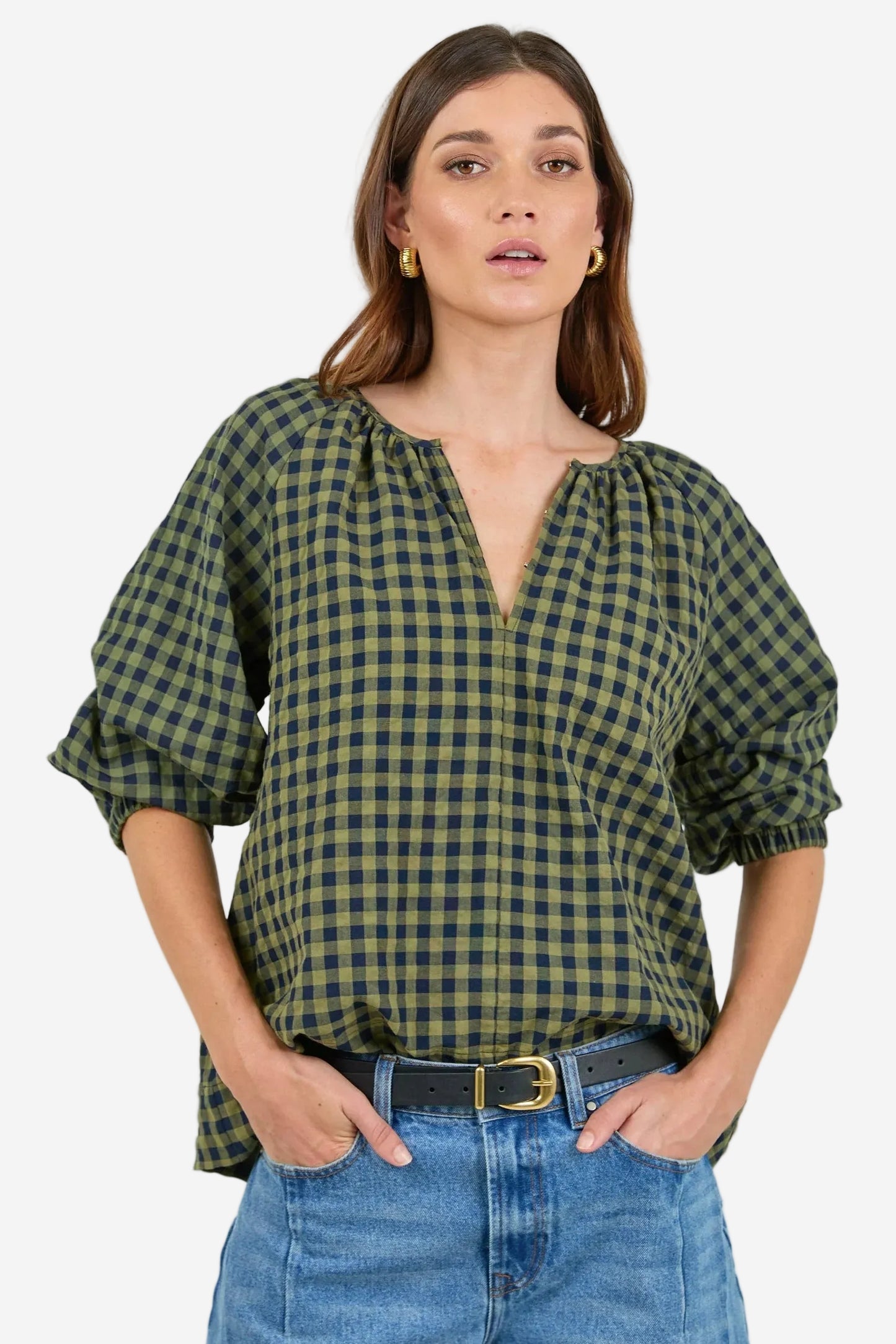RE:UNION REVOLUTIONARY KHAKI INK GINGHAM LINEN RELAXED LS TOP - THE VOGUE STORE