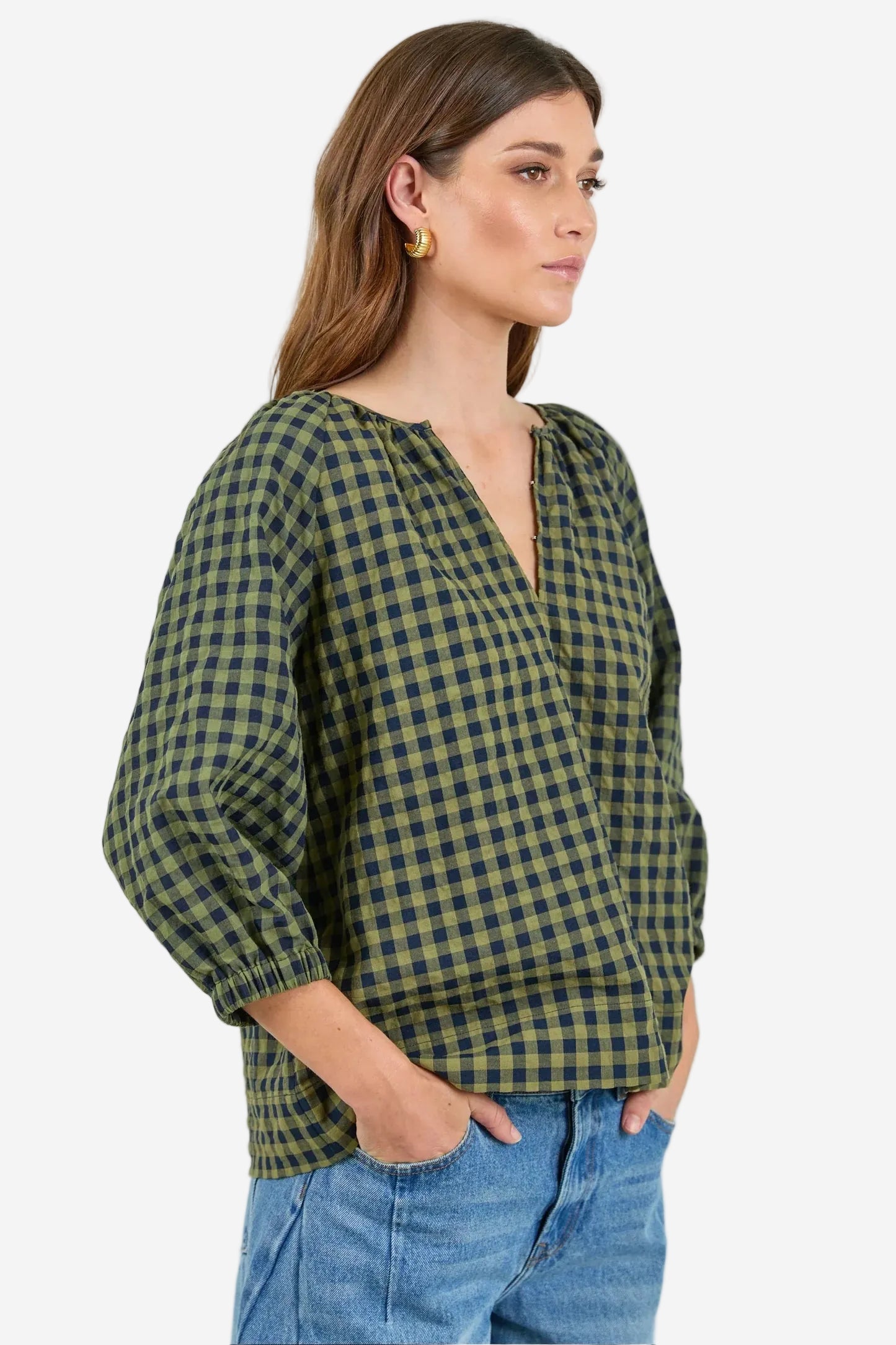 RE:UNION REVOLUTIONARY KHAKI INK GINGHAM LINEN RELAXED LS TOP - THE VOGUE STORE