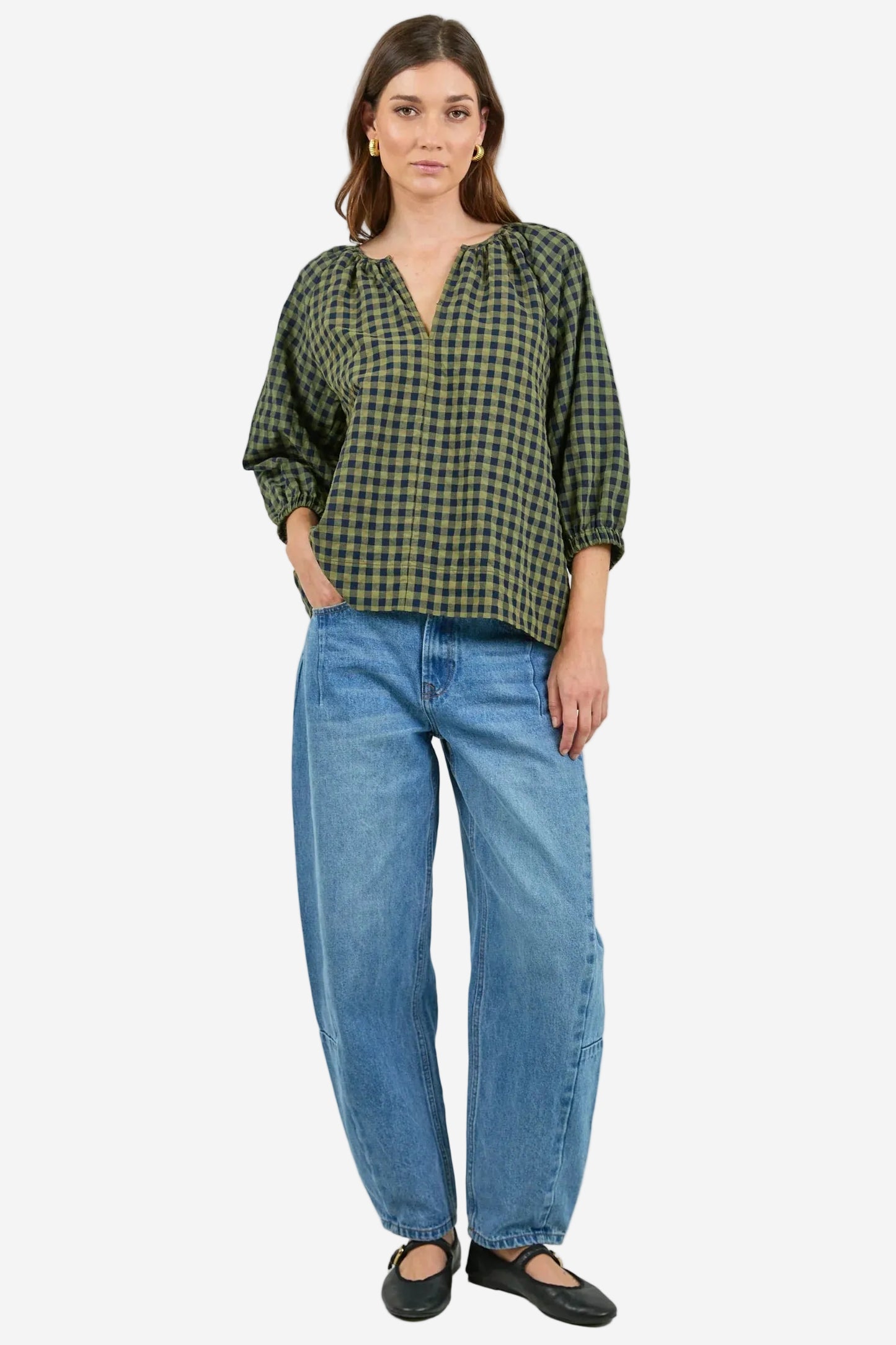 RE:UNION REVOLUTIONARY KHAKI INK GINGHAM LINEN RELAXED LS TOP - THE VOGUE STORE