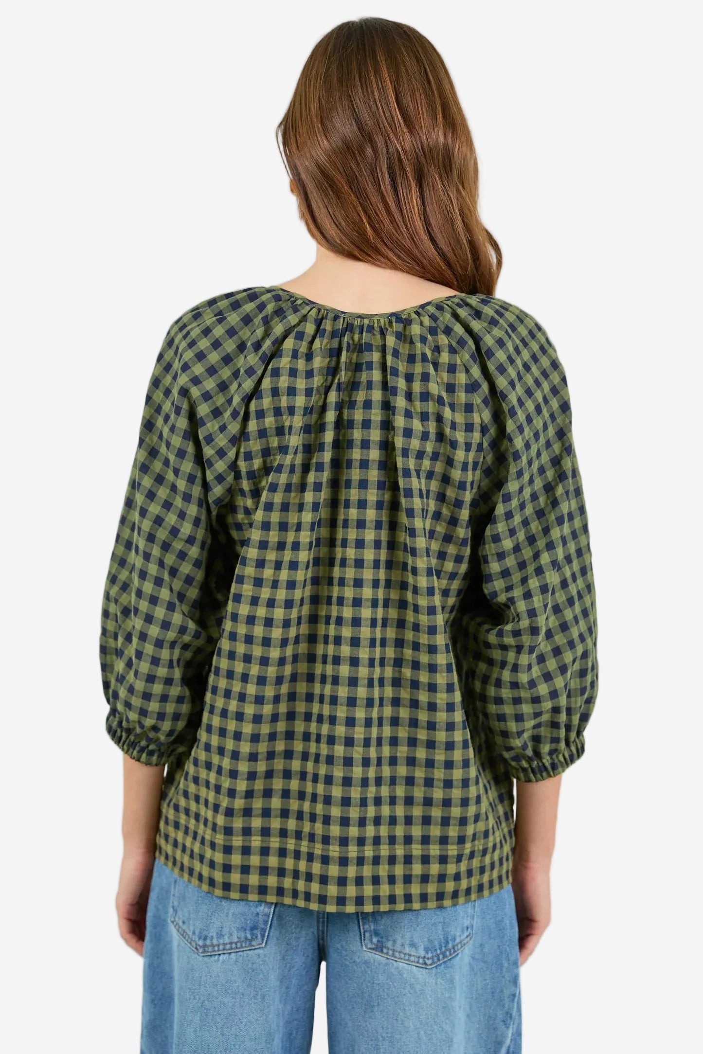 RE:UNION REVOLUTIONARY KHAKI INK GINGHAM LINEN RELAXED LS TOP - THE VOGUE STORE
