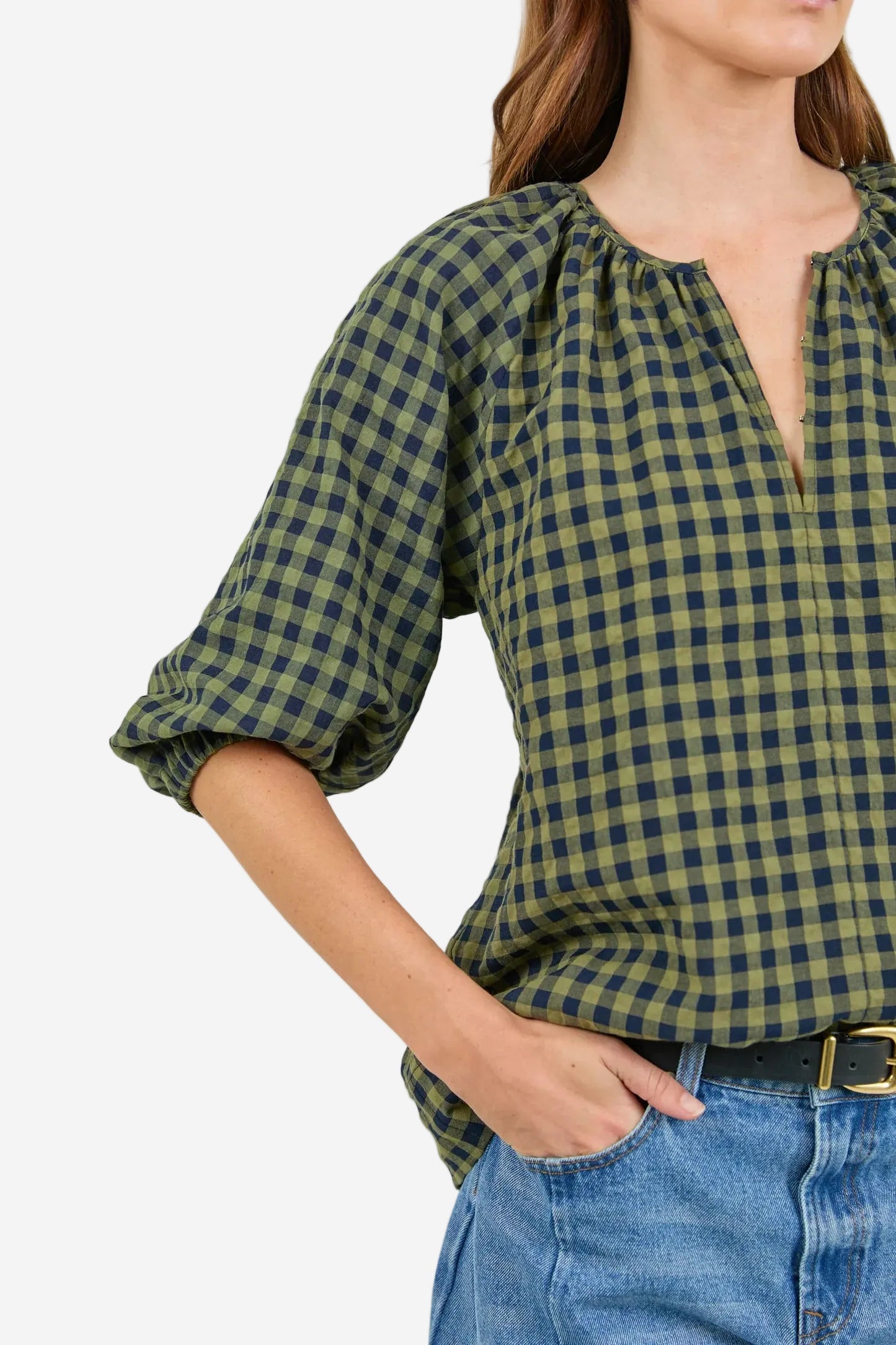 RE:UNION REVOLUTIONARY KHAKI INK GINGHAM LINEN RELAXED LS TOP - THE VOGUE STORE