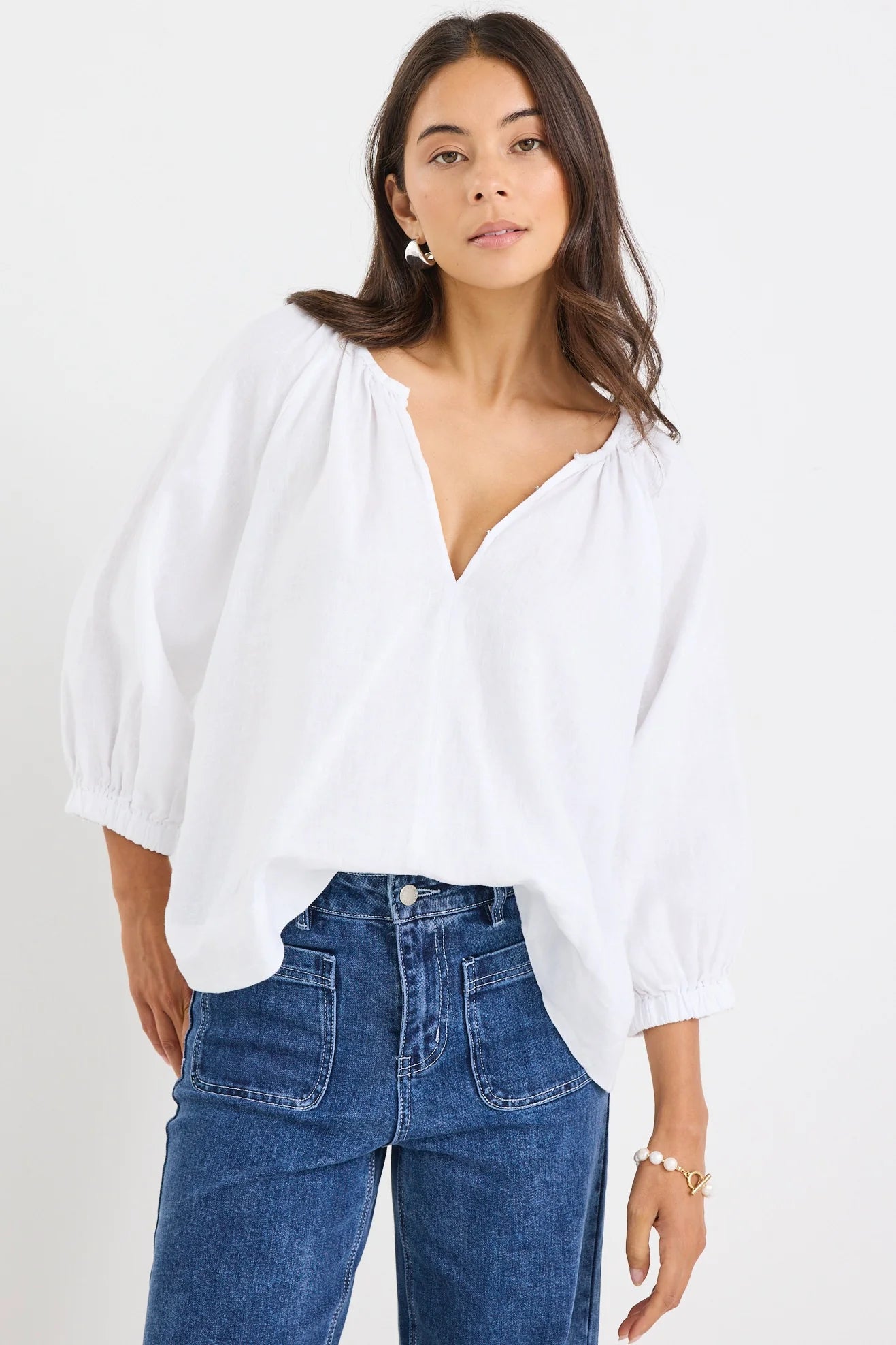 RE:UNION REVOLUTIONARY WHITE LINEN RELAXED LS TOP - THE VOGUE STORE